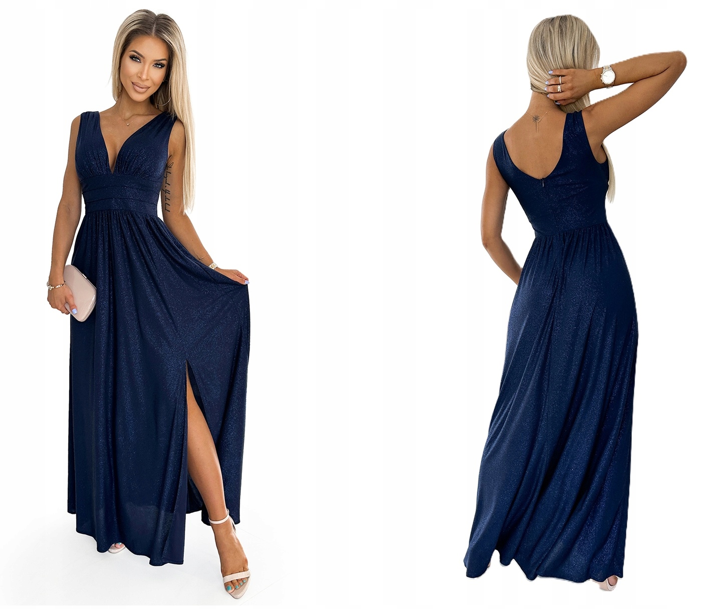 Dlouhá Brokátová Šaty Na Svatební Hostina Ples, Obšité V Pase, Tmavě Modrá Barva