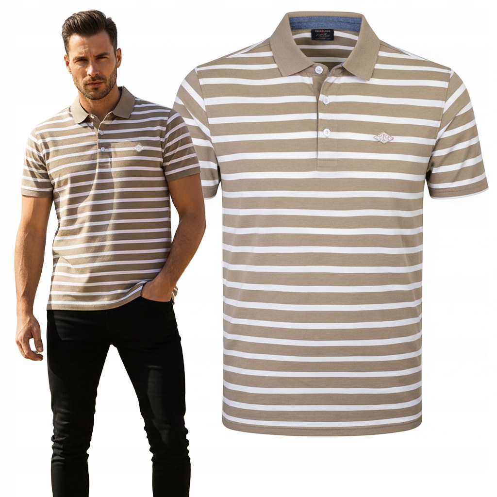 polokošile Pánské Béžovo-bílé s proužky Bavlněné Hasimi XL Pako Jeans