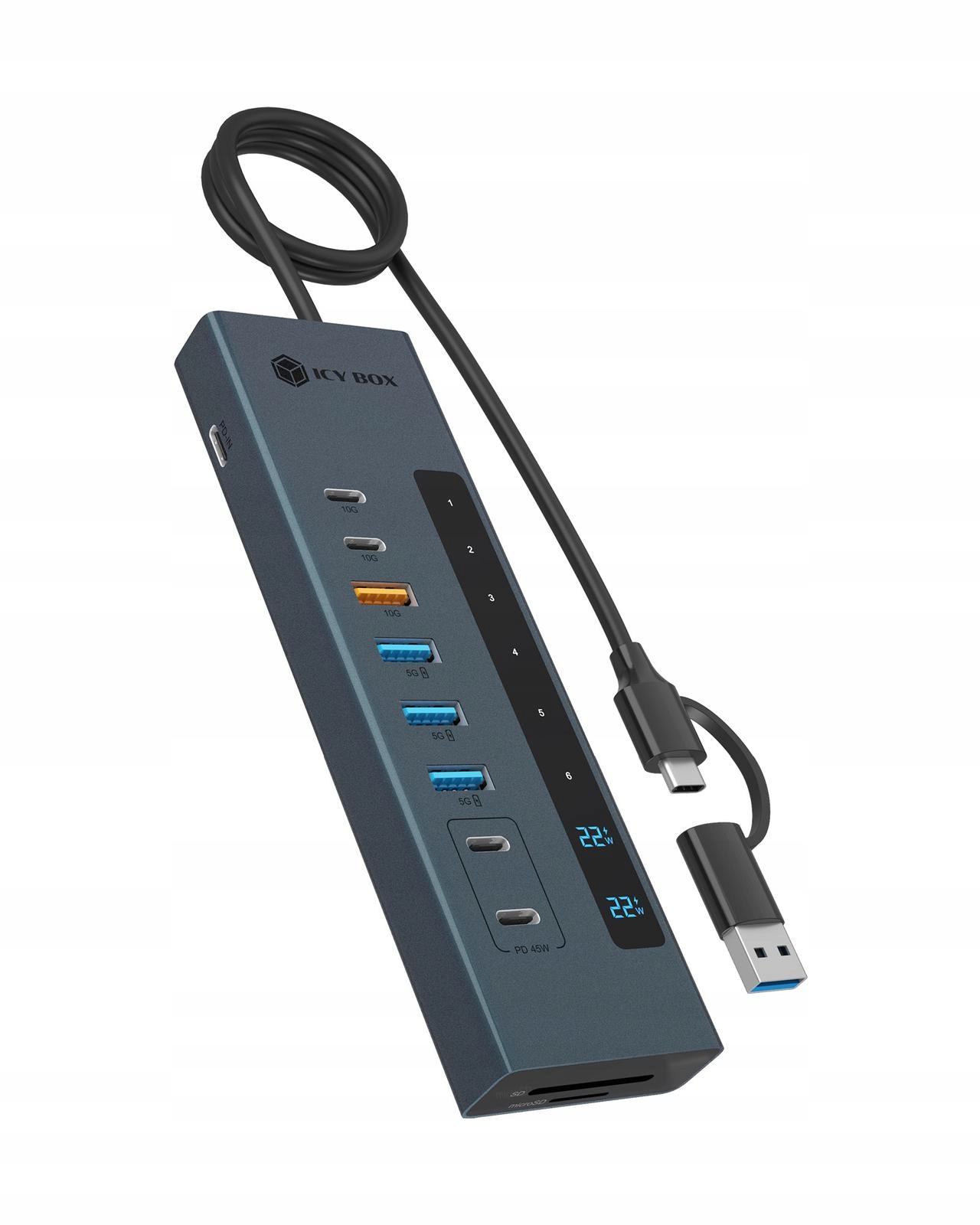 Icy Box 11w1 Usb-c/usb-a Hub 100W Pd, 3xC 4xA, czytnik kart, aluminium