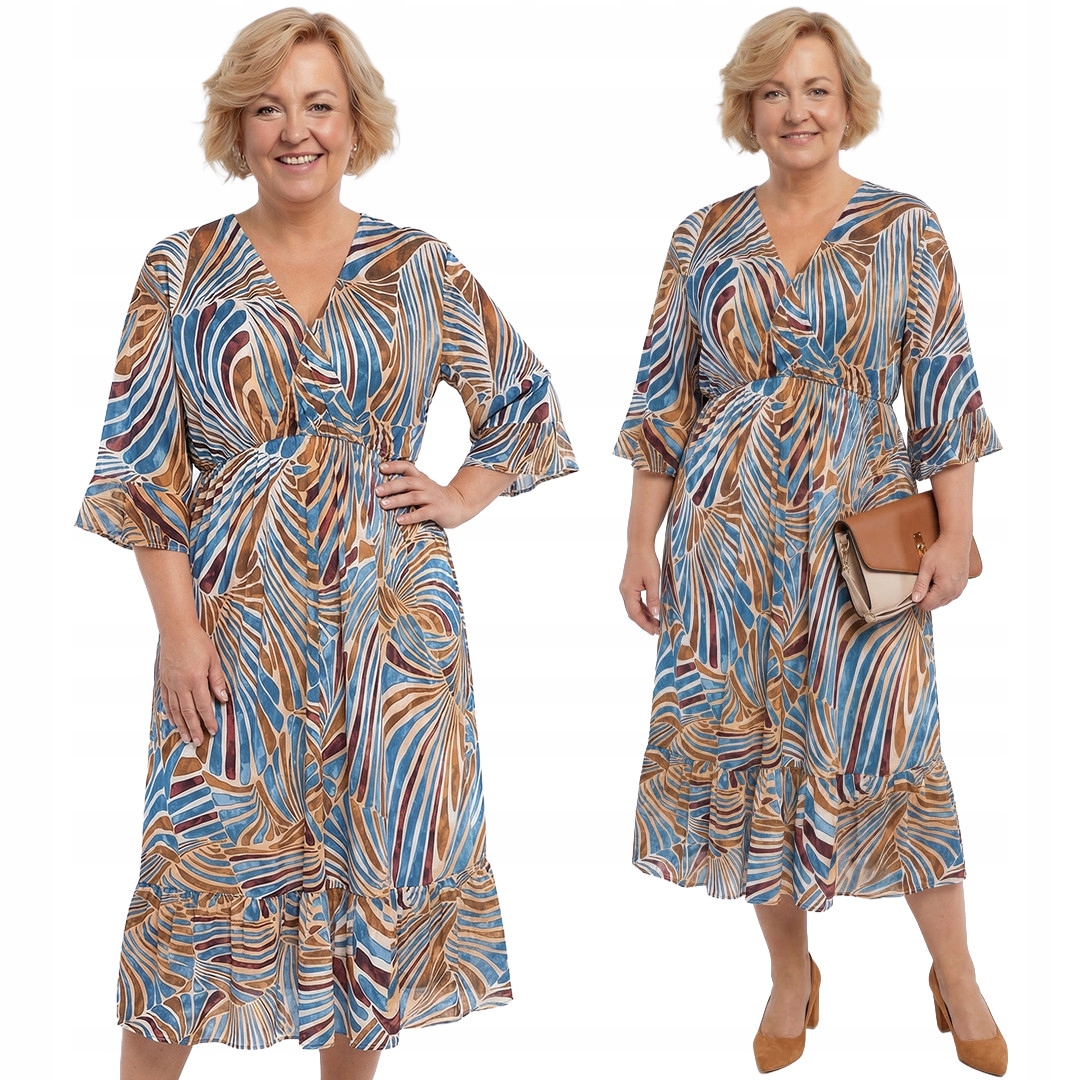 Šaty s oranžovo-modrými vzory plus size velikost 54/56