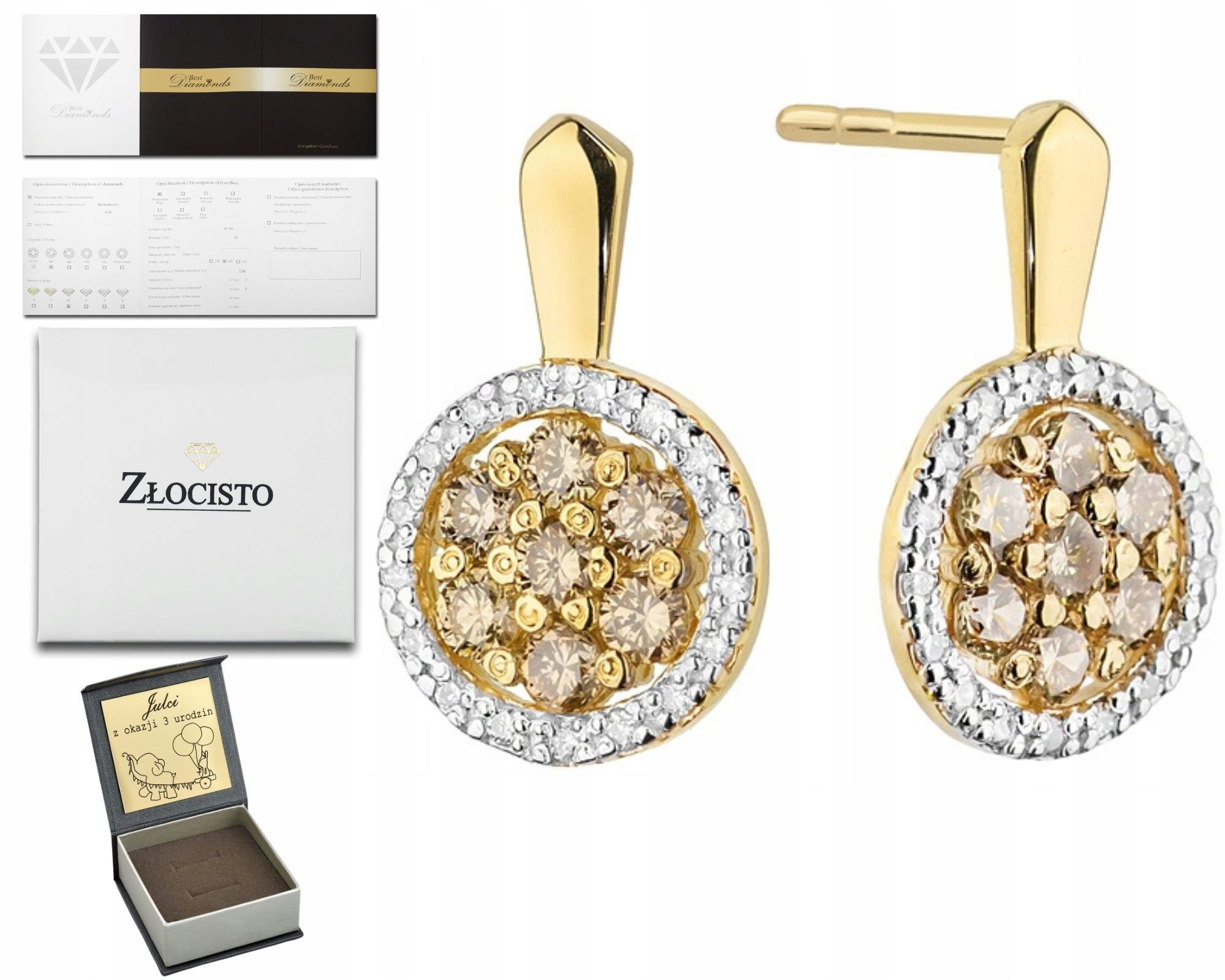 Zlaté Náušnice S Hnědými Brilianty 585