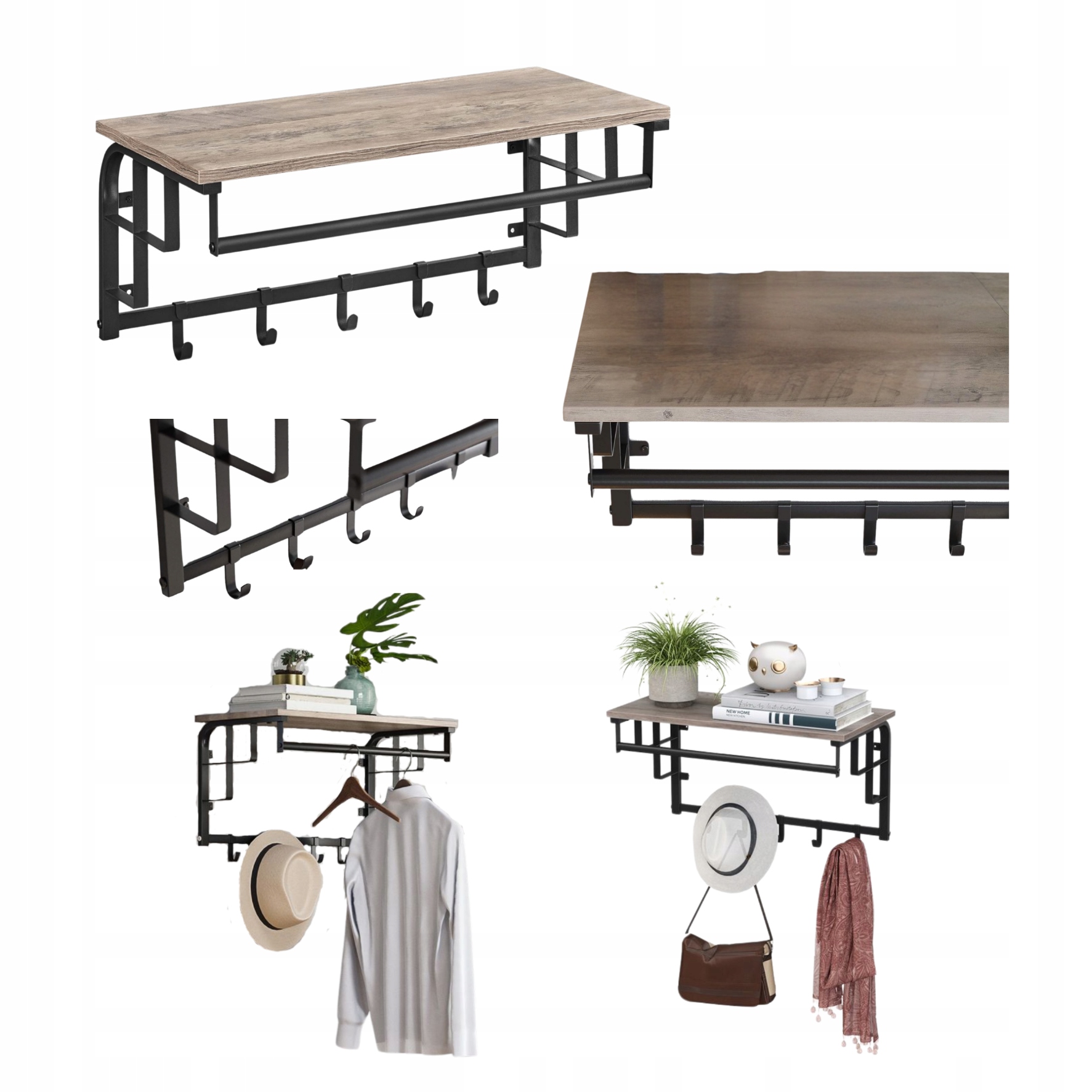 Nástenný vešiak s poličkou na oblečenie Loft Industriálny 5 háčikov Kovová tyč
