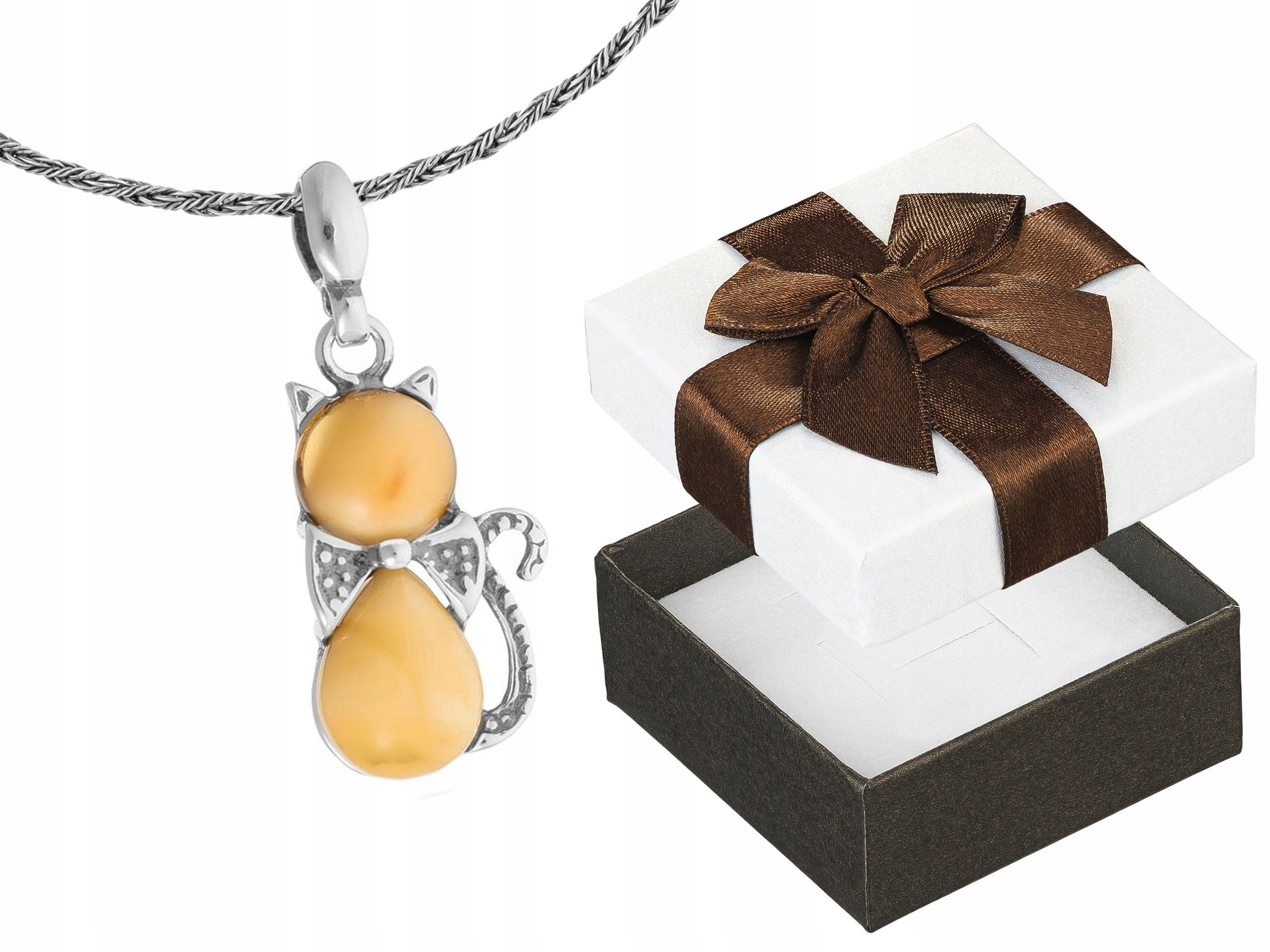 Krátký Stříbrný Dámský Náhrdelník Kočka s Mléčným Jantarem Koťátko Stříbro 42 cm