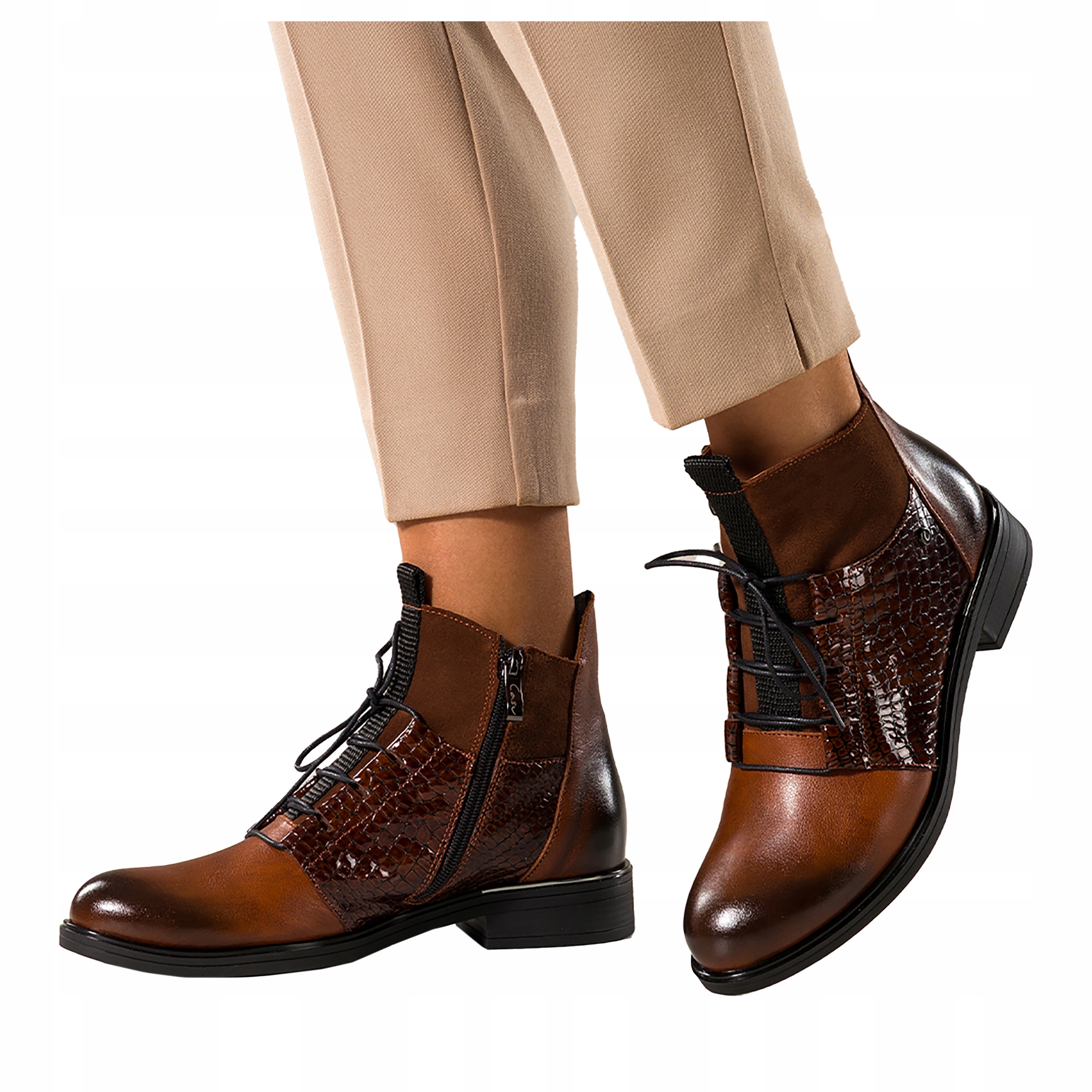 Kotníkové Boty Hnědé Kožené Dámské Pohodlné Hadí vzor Šněrovací Módní velikost 41