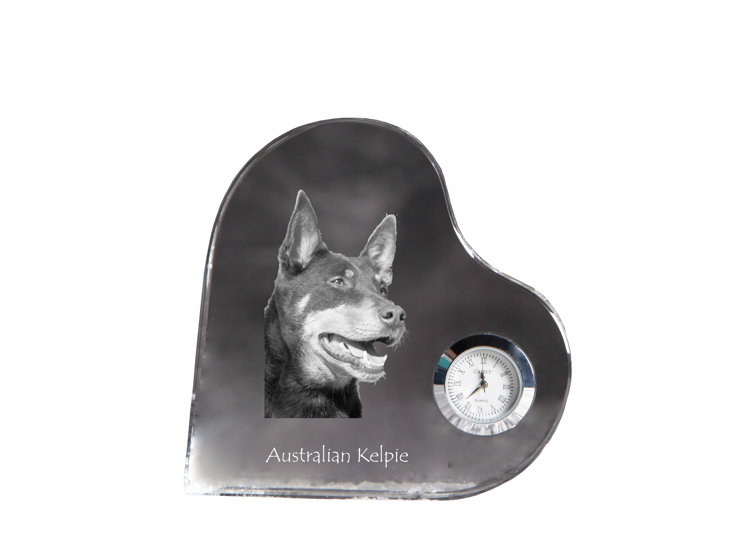 Austrálsky ovčiak kelpie krištáľové hodiny v tvare srdca foto