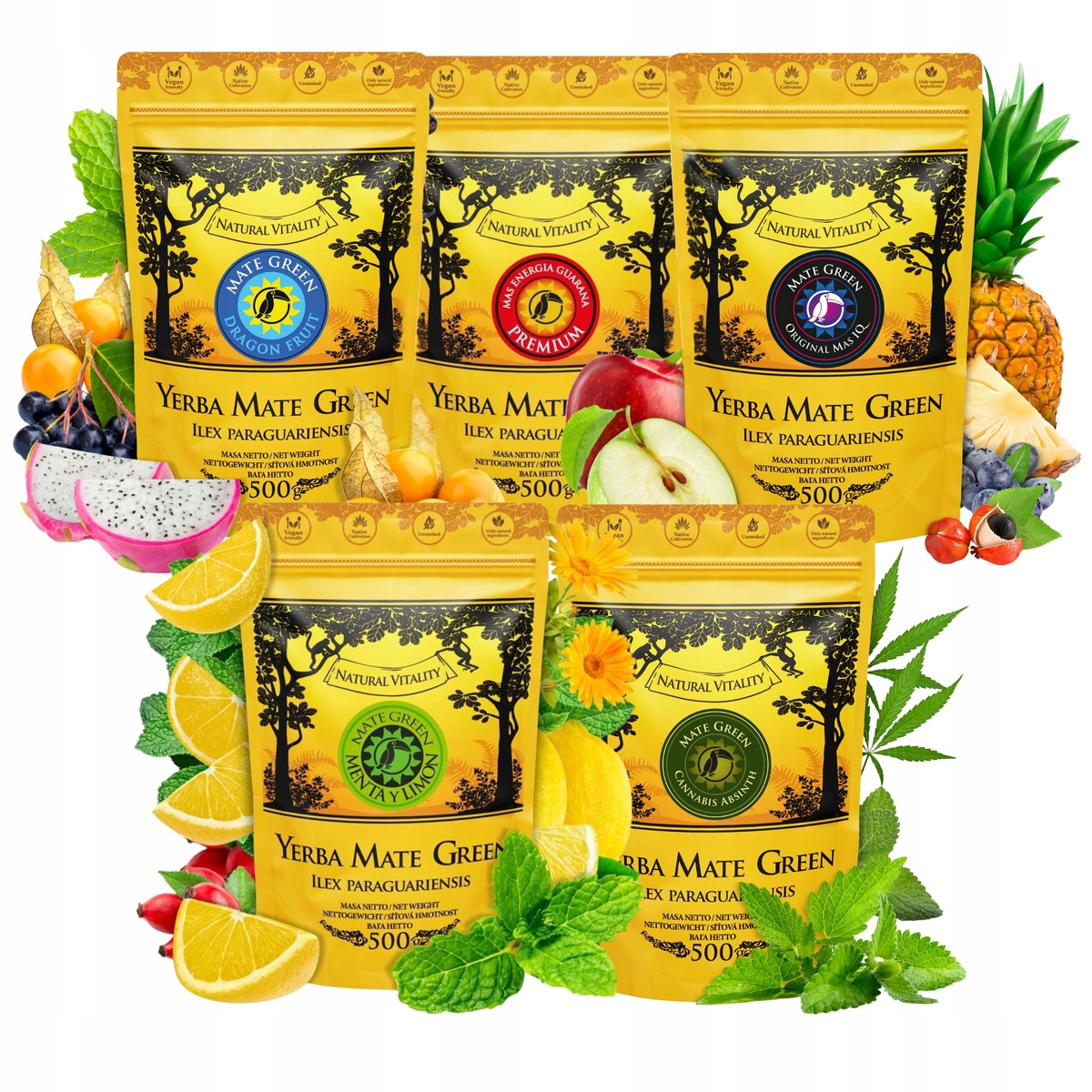 Sada Yerba Mate Green Energia Guarana 5x500g Mix nejlepších příchutí 2,5 kg