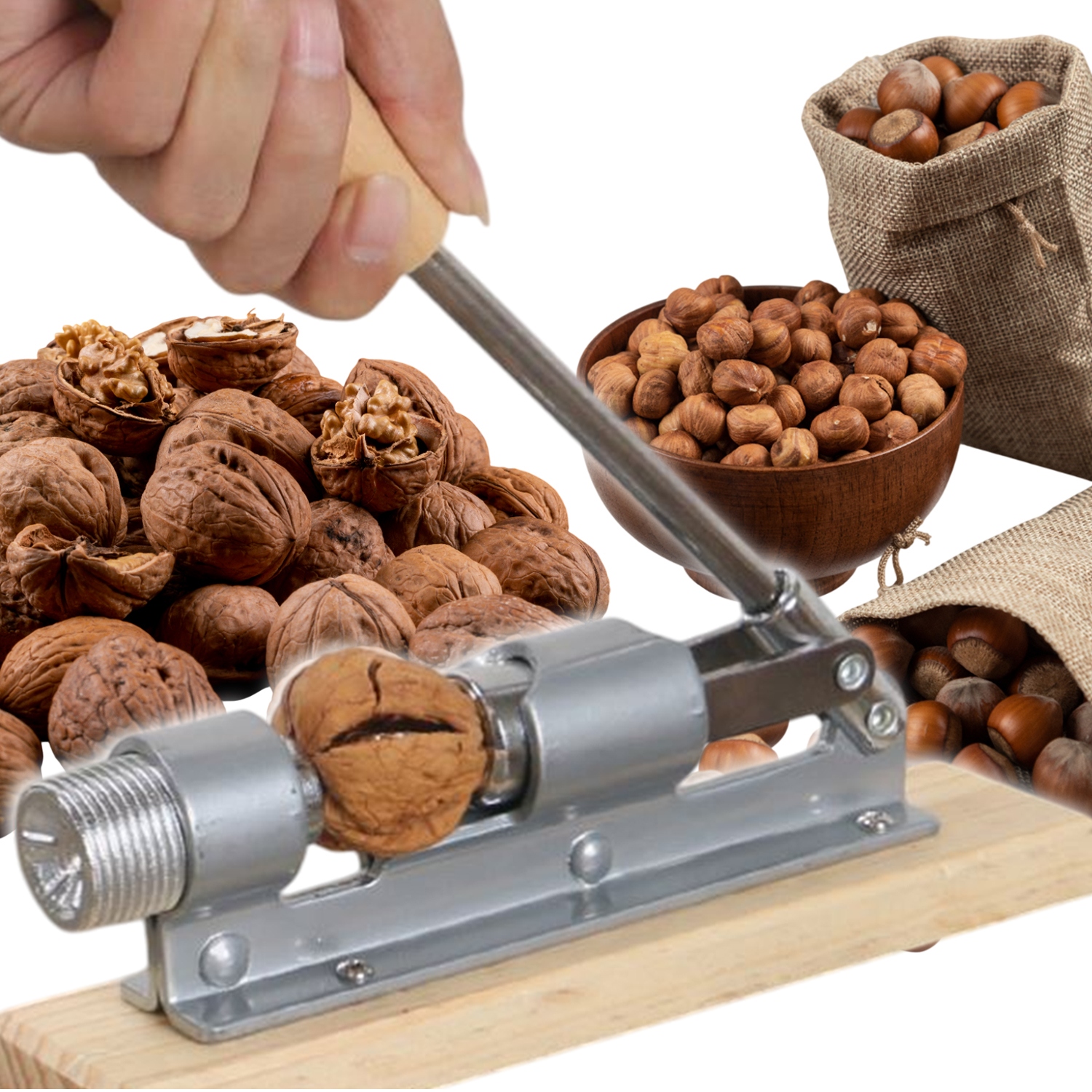 DZIADEK DO ORZECHÓW NA PODSTAWCE DREWNIANEJ MOCNY STALOWY ZGNIATACZ RĘCZNY