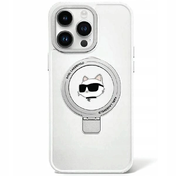 Pouzdro Karl Lagerfeld Ring Stand Choupette Head MagSafe pro iPhone 15 Pro bílé
