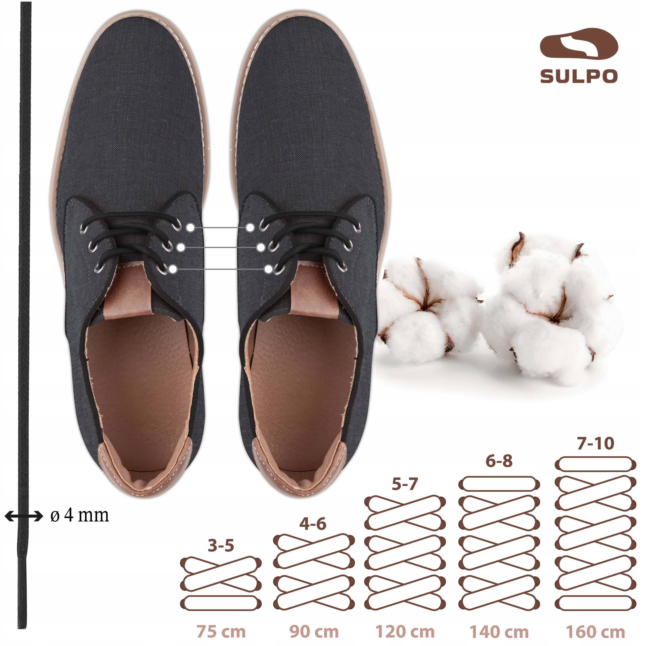 Sznurówki woskowane okrągłe czarne 3,5 mm 75 cm Długość całkowita 75 cm