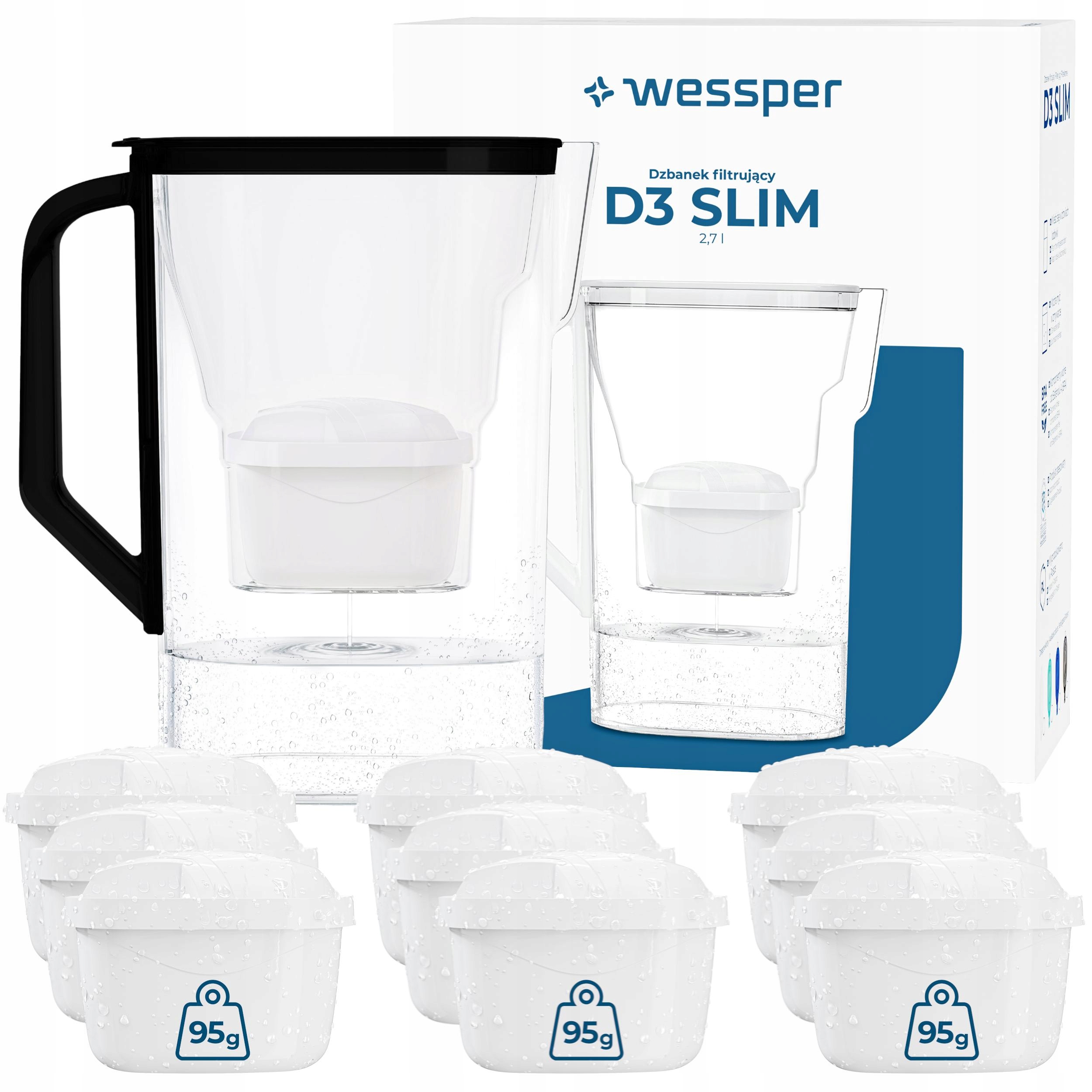Filtrační konvice na vodu Wessper D3 Slim 2,7l do lednice 10x vodní filtr
