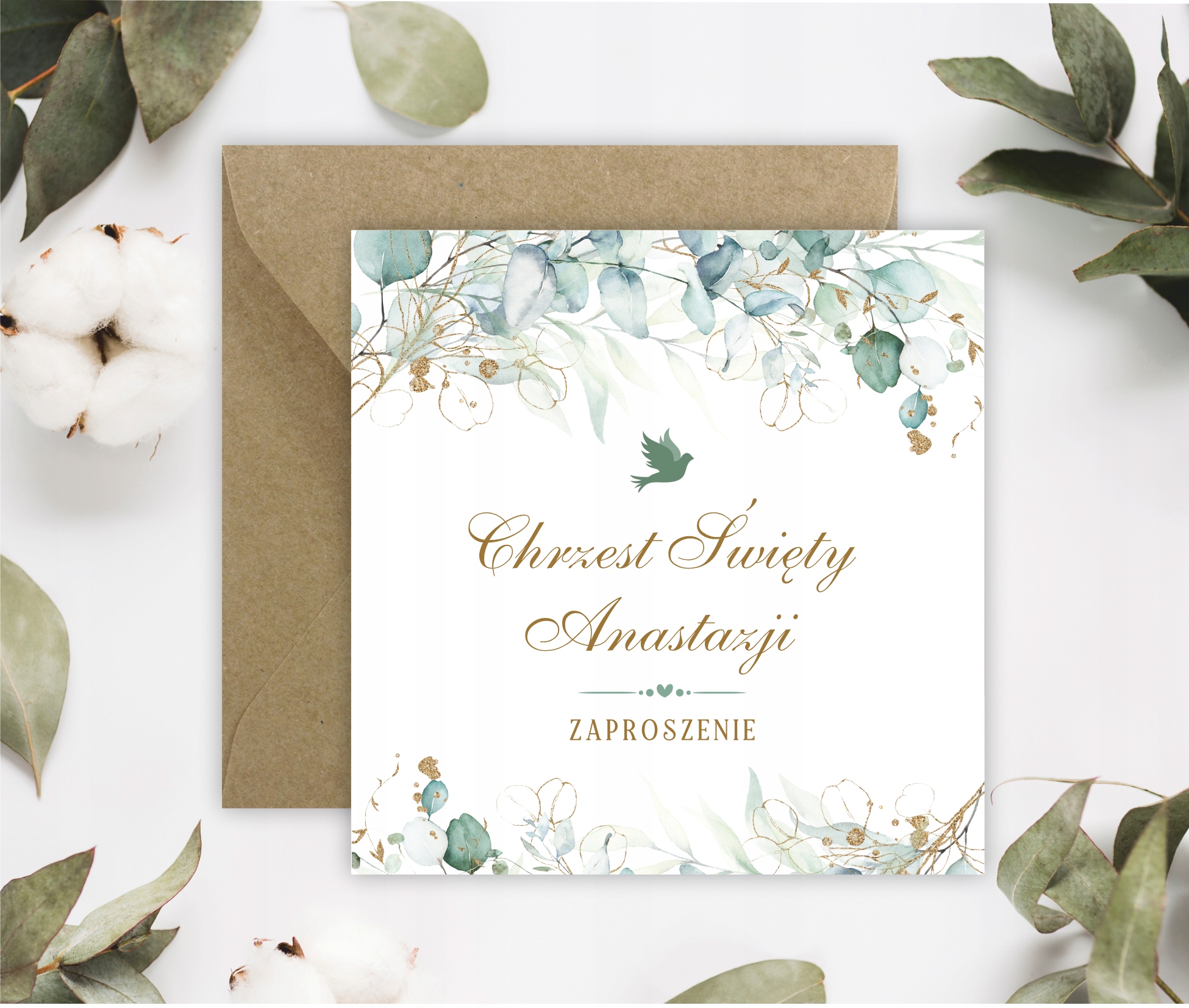 ZAPROSZENIA NA CHRZEST + IMIĘ + KOPERTA eukaliptus Rodzaj chrzest