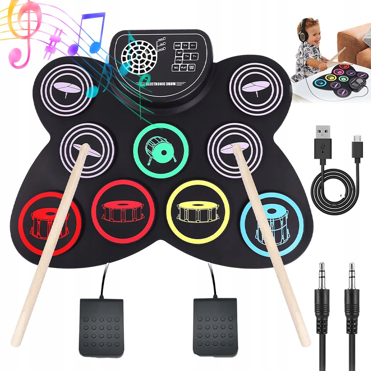 Rolovací Přenosná Elektronická Bicí Souprava Usb MP3 Pedály Paličky Sada