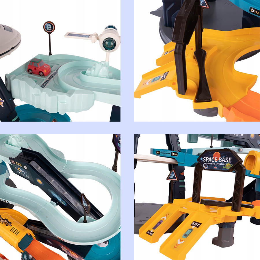 TOR SAMOCHODOWY ZJEŻDŻALNIA parking WINDA BAZA KOSMICZNA SPODEK UFO 4 AUTKA Model tor samochodowy