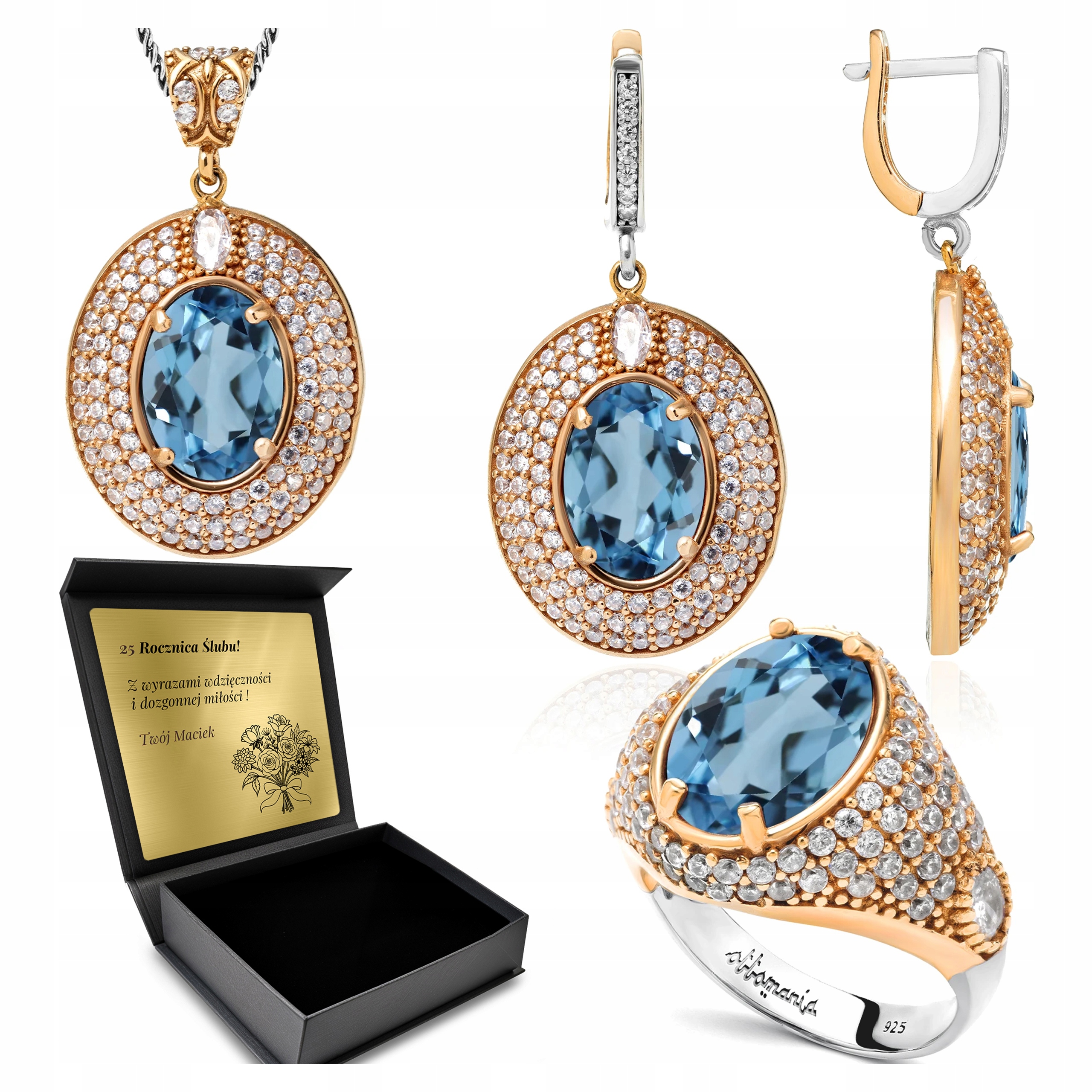 Komplet Stříbrných Šperků 925 Zirkony A Topaz Dárek pro ženu Gravírování