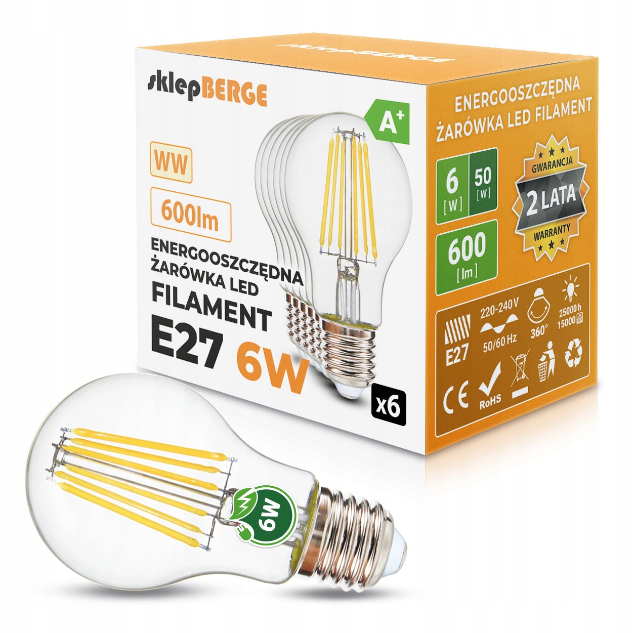 

6xŻarówka Led E27 6W filament edison retro ozdobna