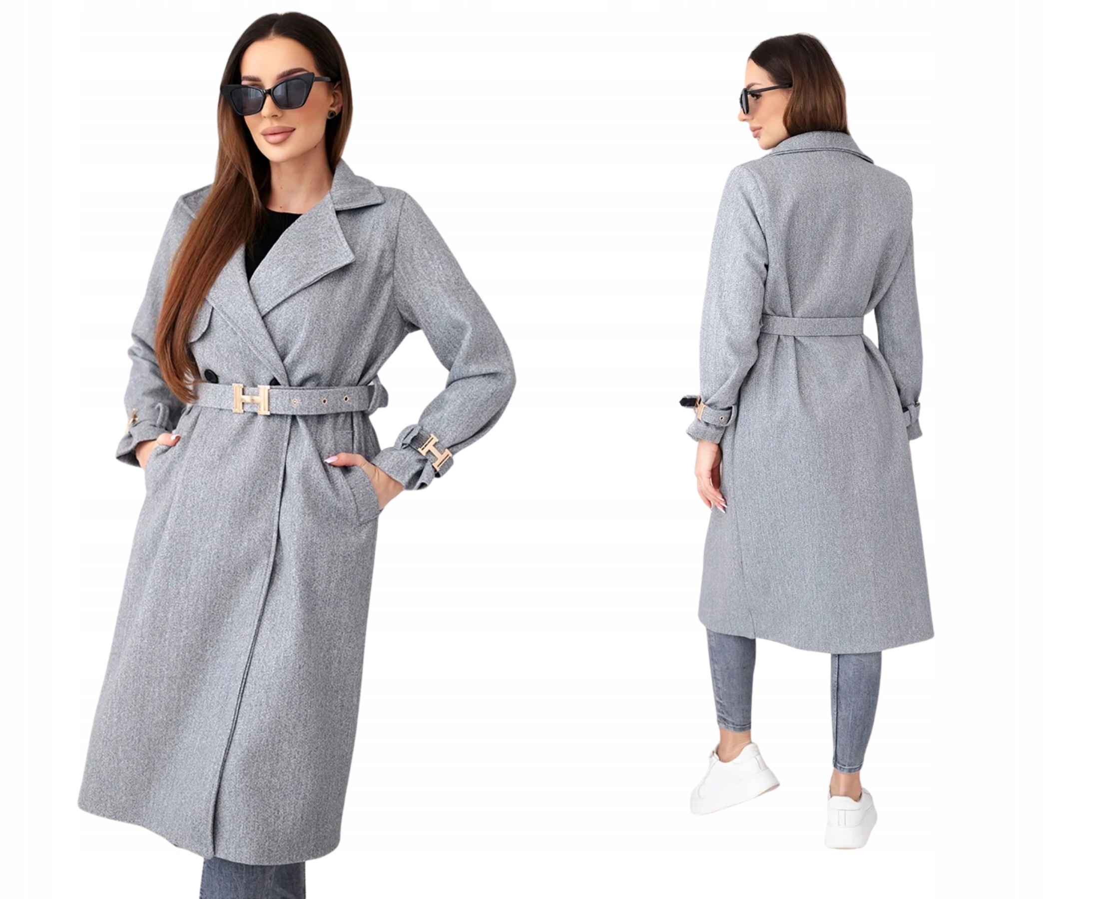 Dámský elegantní midi kabát s páskem, zlaté přezky, klasický šedý melír