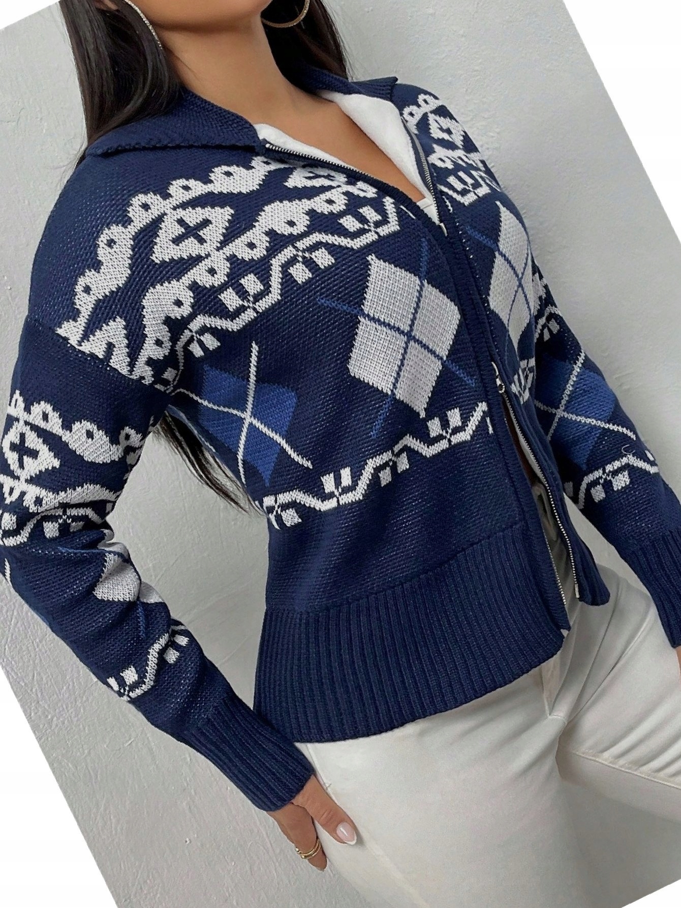 Kardigan s geometrickým motivem na zip, zateplený, rozepínací svetr, velikost 36