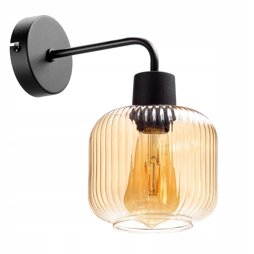 Lampa Ścienna Kinkiet Szklany Klosz Beczka Prążki E27 Bursztynowy