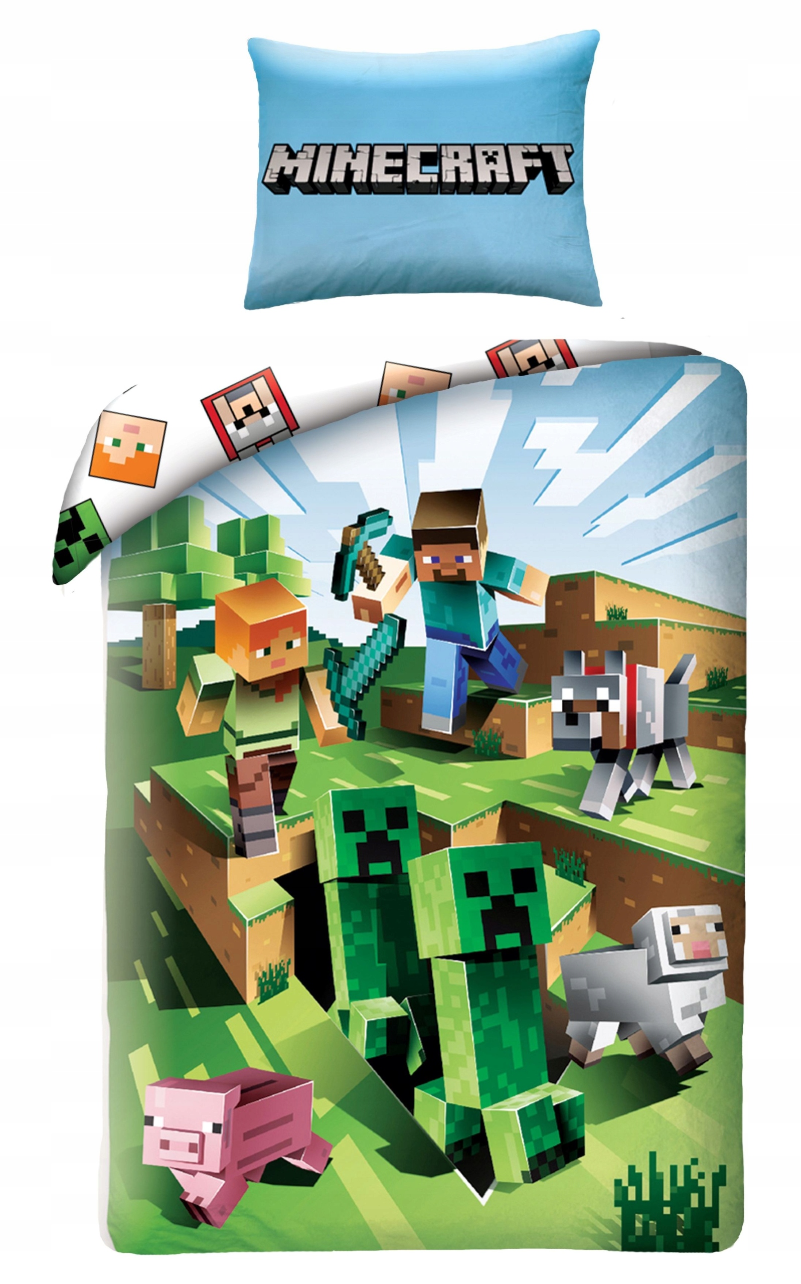 Minecraft Pościel Bawełniana 140x200 Dziecięca Pojedyncza Creeper Steve