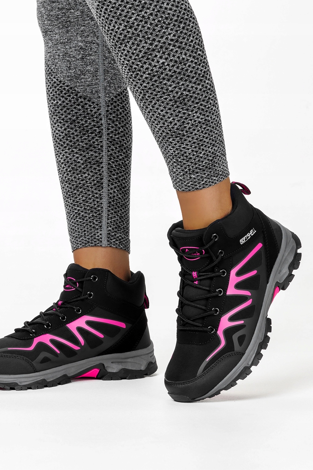 OBUWIE TREKKINGOWE DAMSKIE SOFTSHELL CZARNE SZNUROWANE RÓŻOWE DODATKI r 39 Płeć kobieta