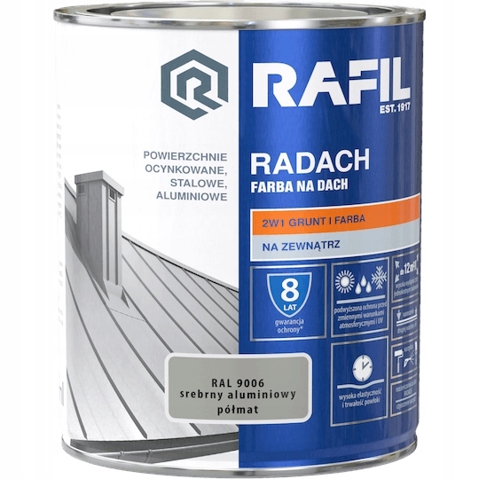 Farba Na Dach, Rynny RADACH RAL 9006 Srebrny Aluminiowy Półmat 0,75l