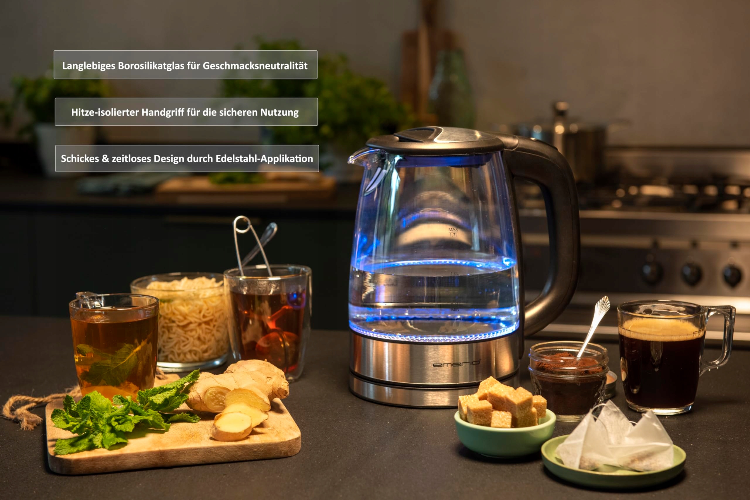 EMERIO Szklany Czajnik Elektryczny 1.7L 2200W LED Bez BPA Borokrzemowy — miniatura 2