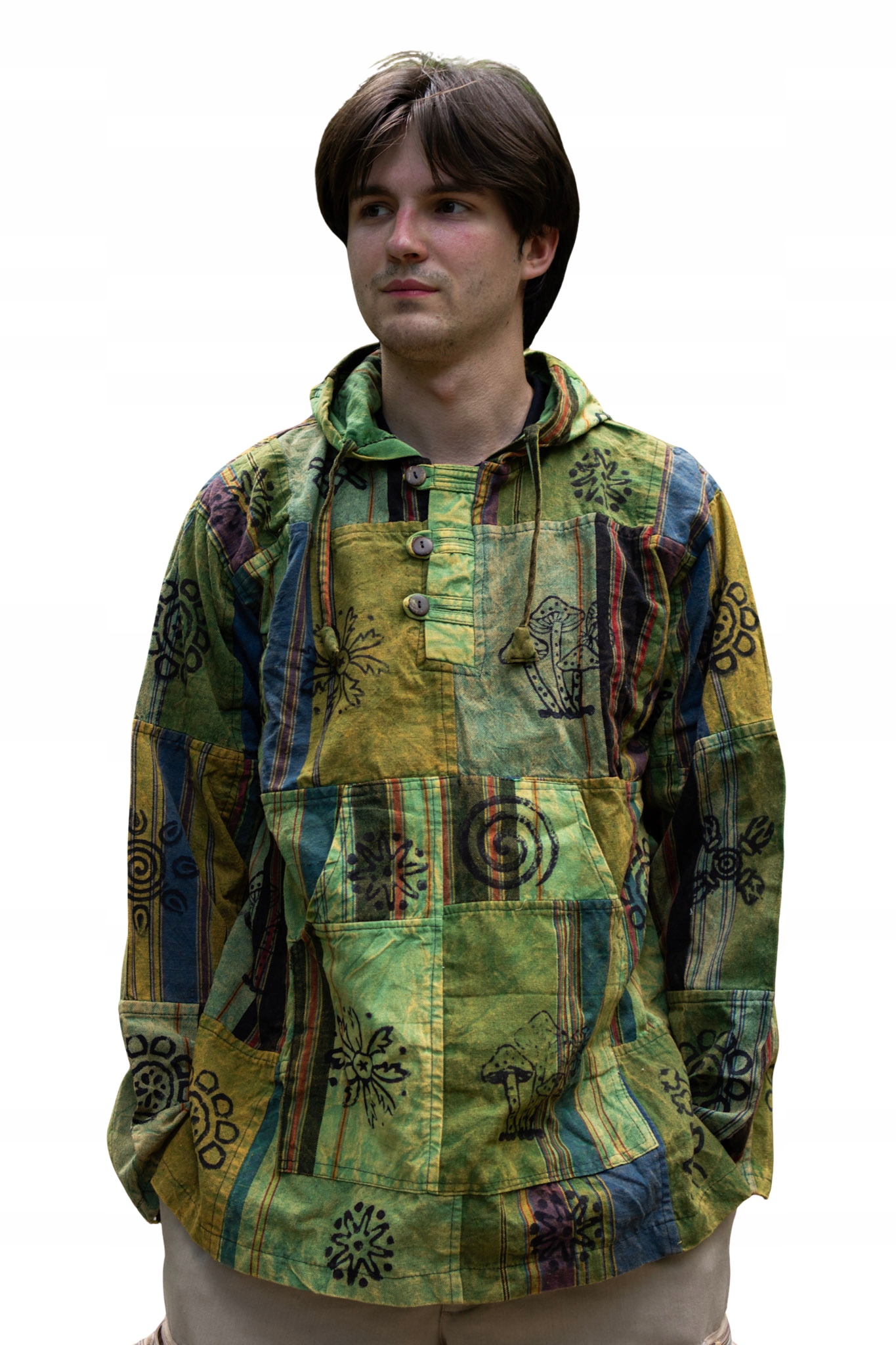 Lesní mikina s kapucí oversize hoodie hippie patchwork klokanka etno M
