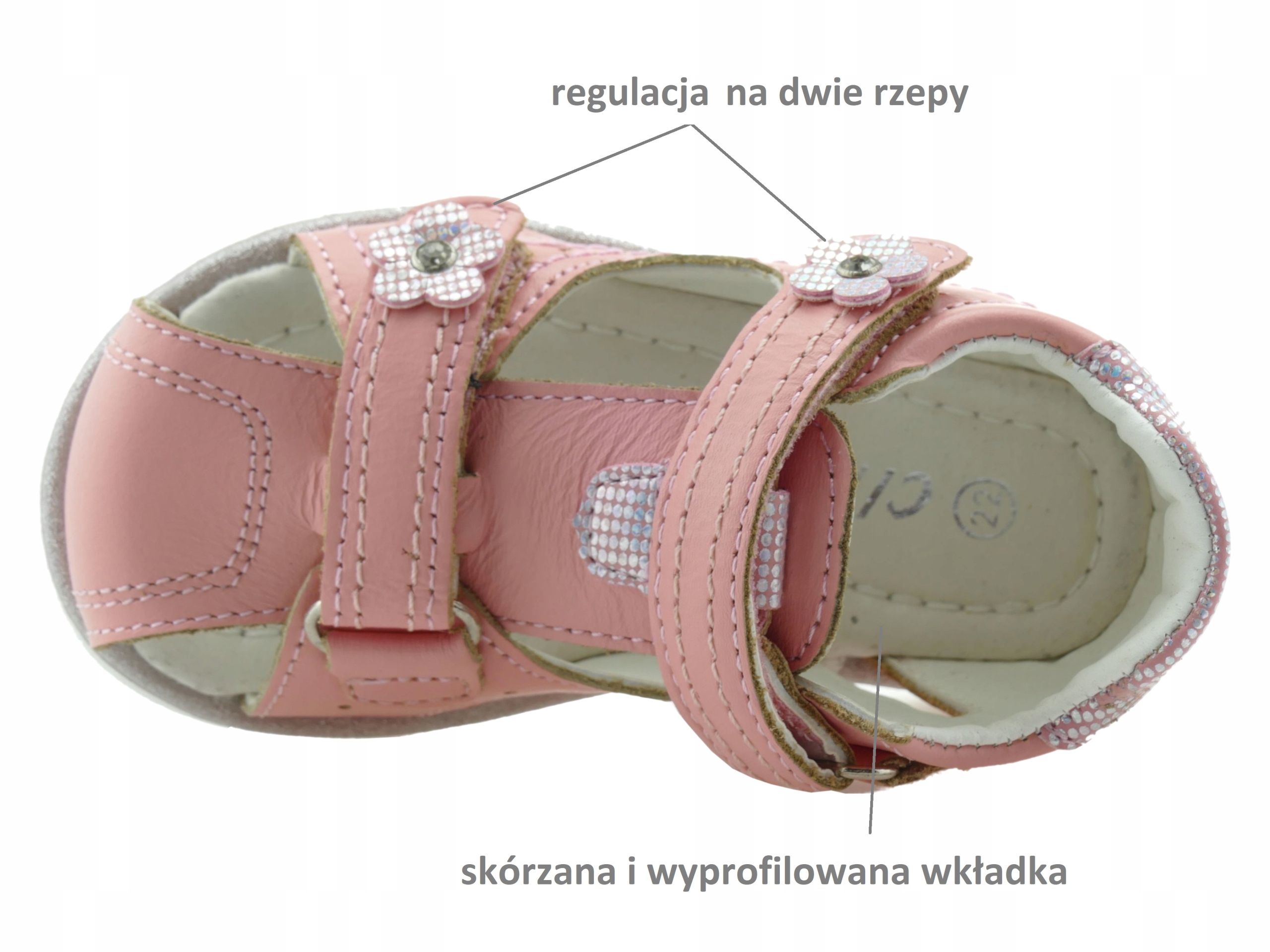 SKÓRZANE SANDAŁY DZIEWCZĘCE BUTY DZIECIĘCE KRYTE SANDAŁKI NA RZEPY R. 23 Materiał skóra naturalna