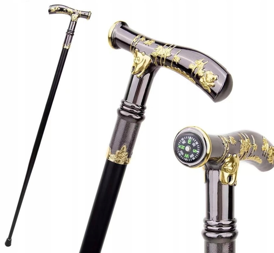 Laska metalowa ozdobna Panda Czarno-złota Unikalna laska Fritz z kompasem