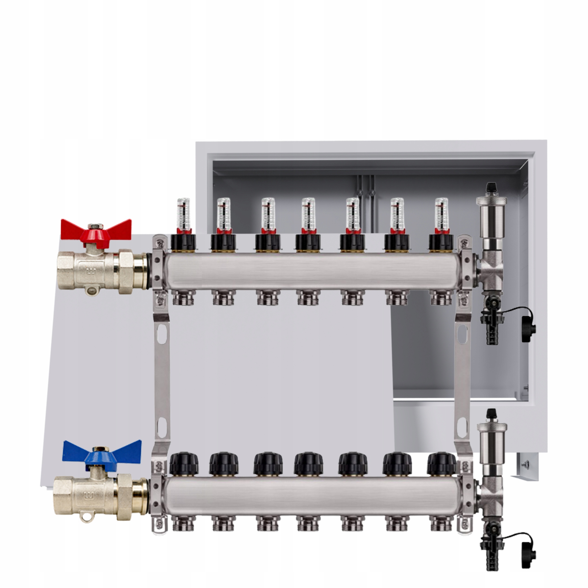 Rozdělovač nerezový Podlahovky 7 okruhů Podomítková skříň Ventily