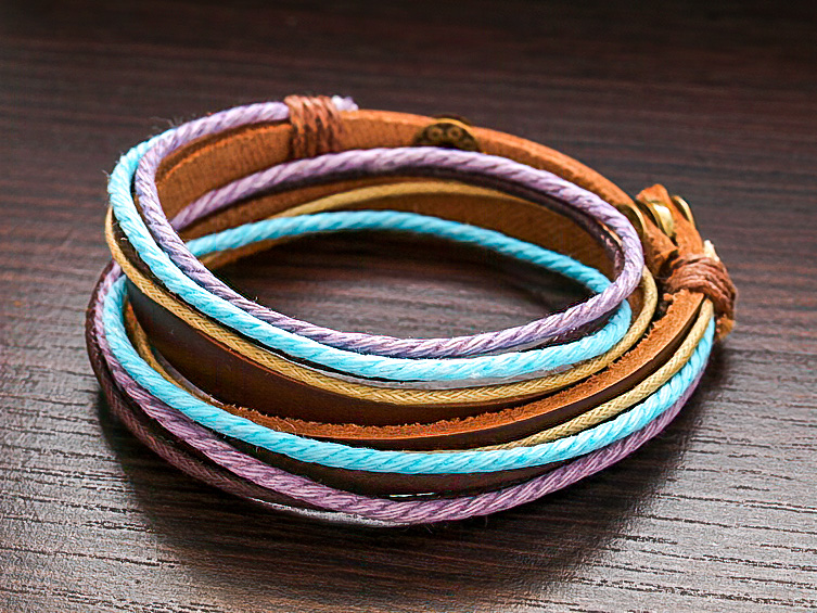 

Bransoletka Owijana Skórzany Rzemień + Sznurek Len