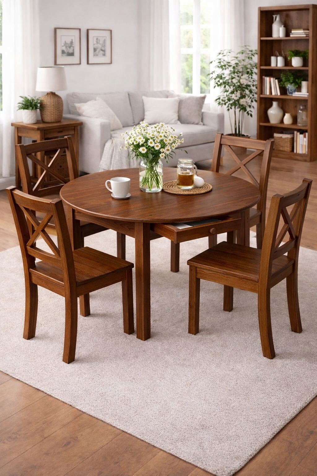 Dřevěný Borovicový Stůl Kulatý S Zásuvkou 100 Do Kuchyně Obývacího Pokoje Ořech