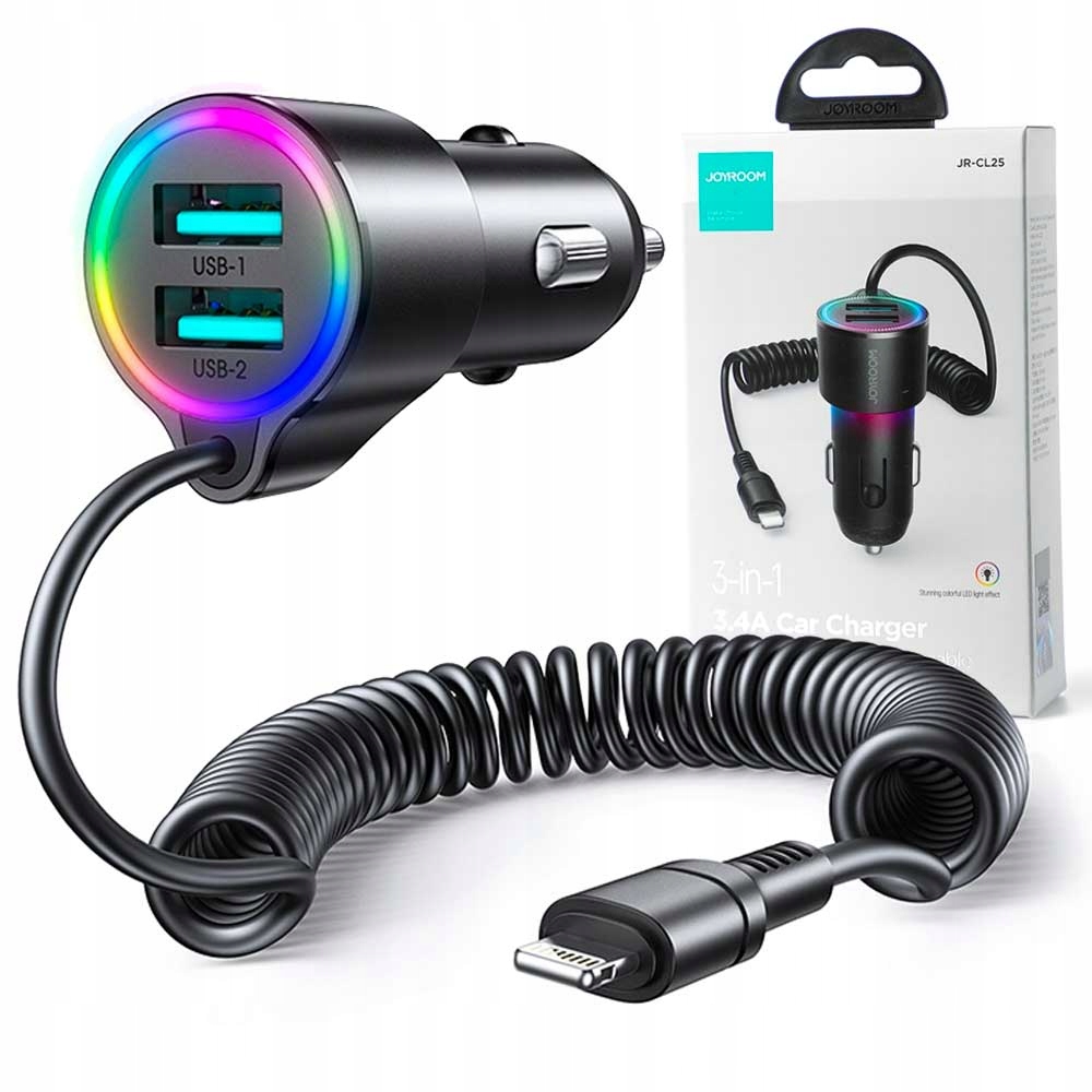 ŁADOWARKA SAMOCHODOWA 3W1Z KABLEM LIGHTNING 1,5M DO IPHONE JOYROOM 17W QC