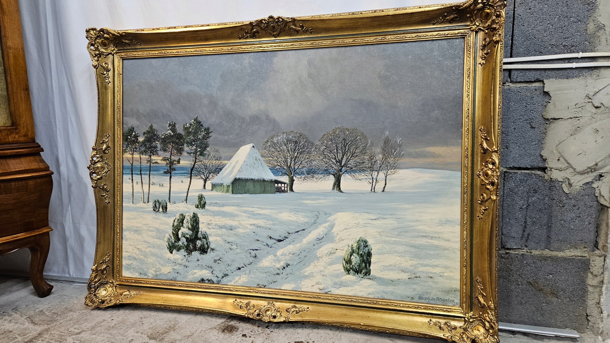 Stary Piękny Obraz Malowany Bardzo Duży RAMA Rzeźbiona