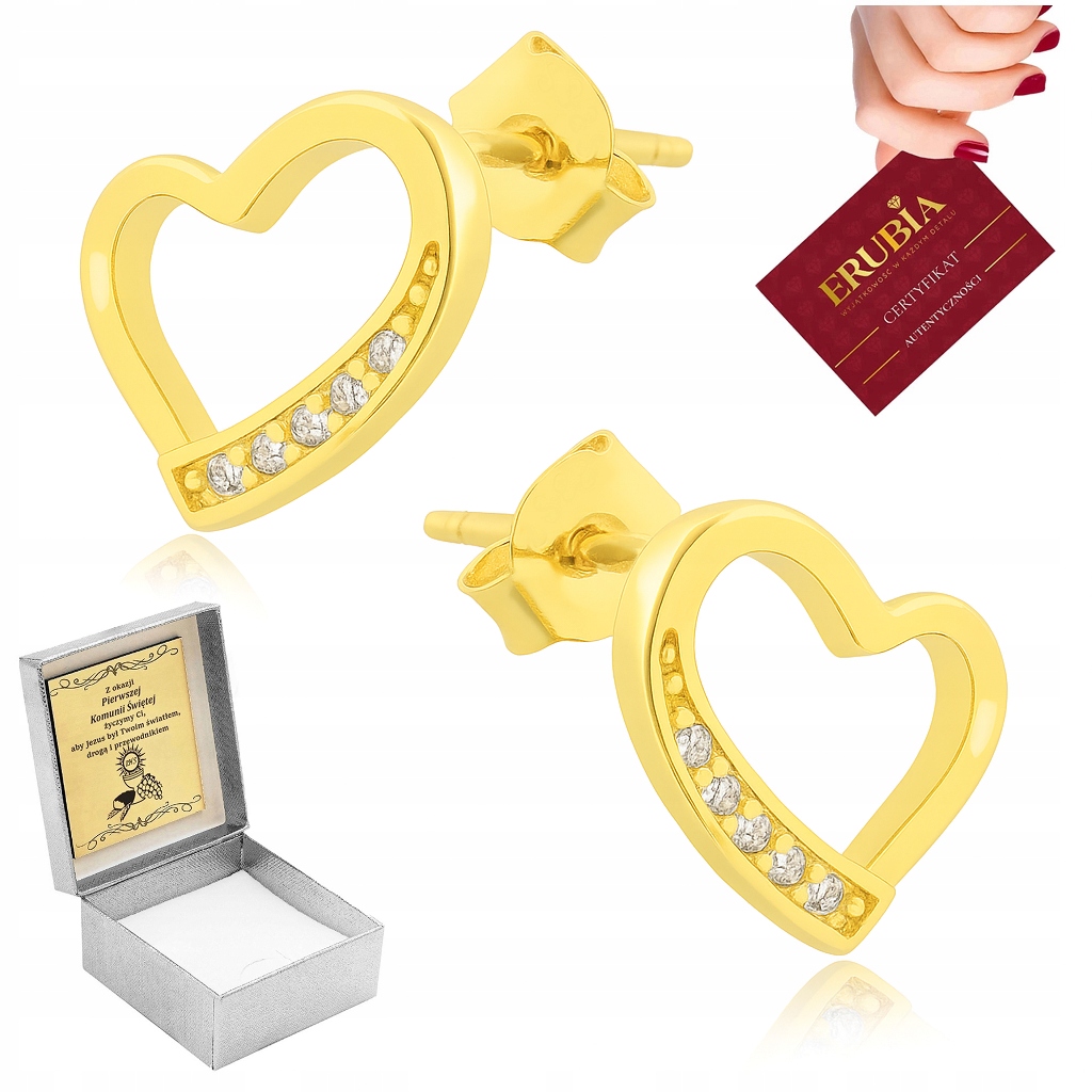 Krásné Zlacené Náušnice Ve Srdíčka Se Zirkony, Stříbro Gravírování