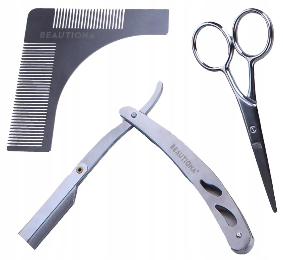 ZESTAW DO BRODY BRZYTWA NOŻYCZKI SZABLON ŻYLETKI ETUI Marka Beautiona