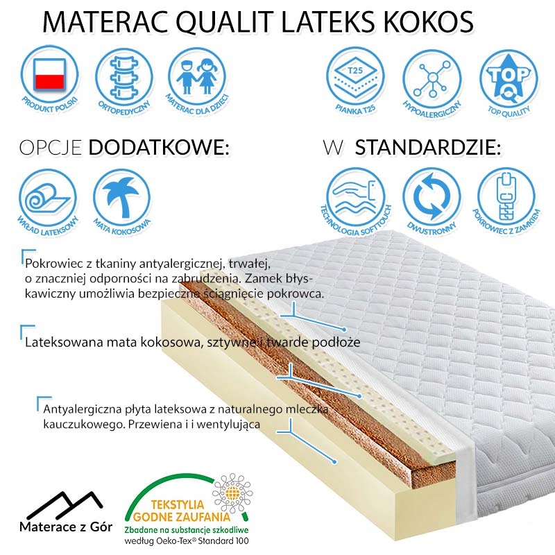 Materac 70x160 kokos lateks oddychający H2 H4 15CM Wyrób medyczny nie