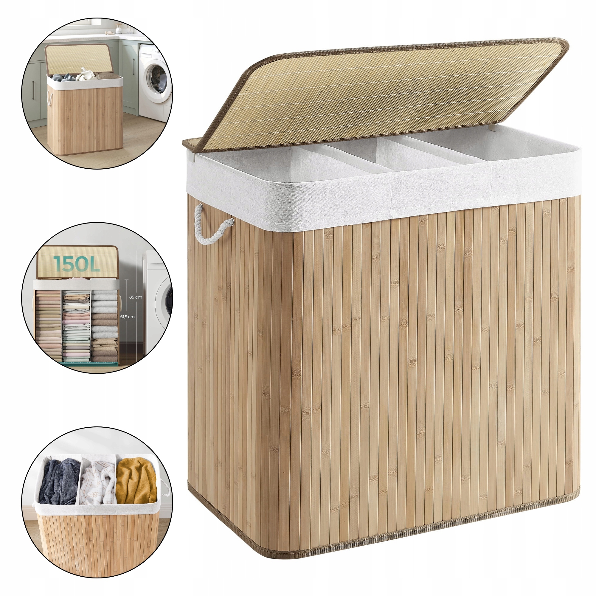 Koš na prádlo s víkem, 3 komory, 150 litrů, bambusový, skládací, Prostorný
