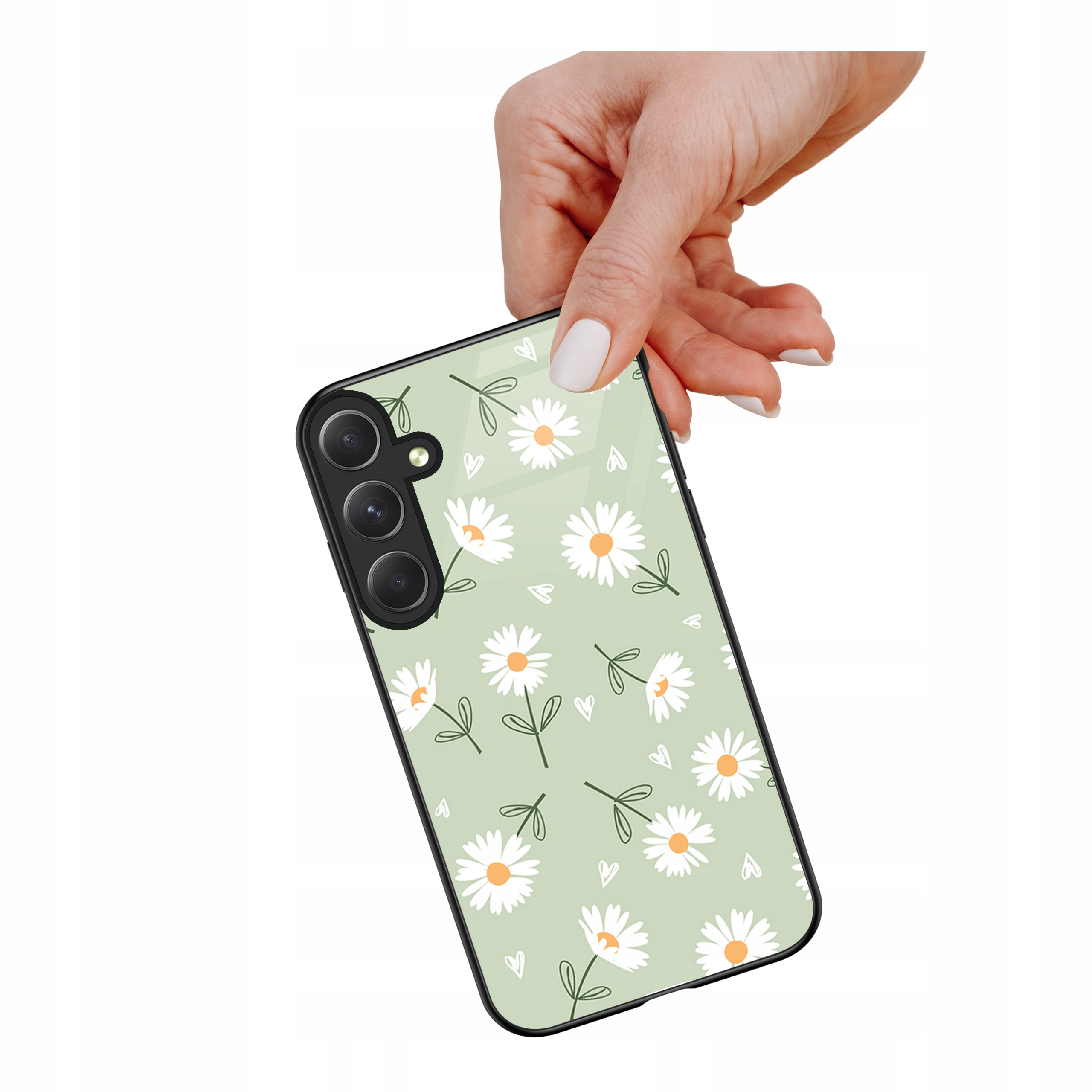 Etui szklane ceramiczne do Samsung Galaxy S24 Stokrotki pistacja