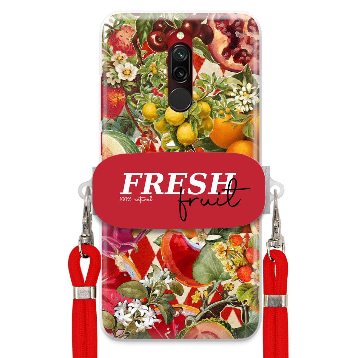 Puzdro pre Xiaomi Redmi 8 Červené Crossbody vodítko držiak Fresh Fruit Ovocie