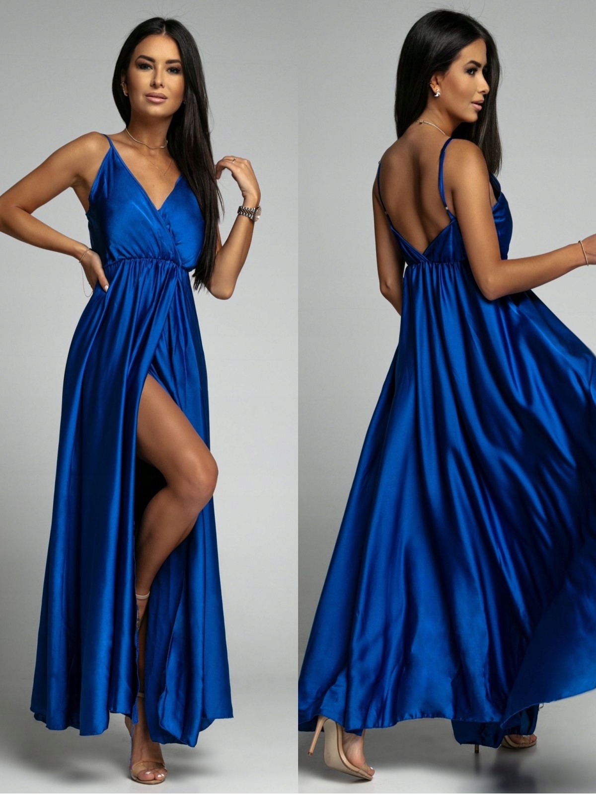 SATYNOWA DŁUGA NIEBIESKA SUKIENKA OKOLICZNOŚCIOWA WESELE PRZYJĘCIE WIZYTOWA Kolor niebieski