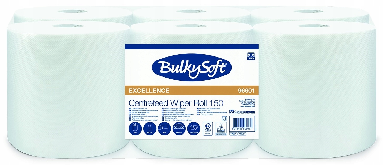 Levně Papírový ručník BulkySoft 96601, 2 v 1, bílý, celulóza, 150 m, 6 rolí/bal.