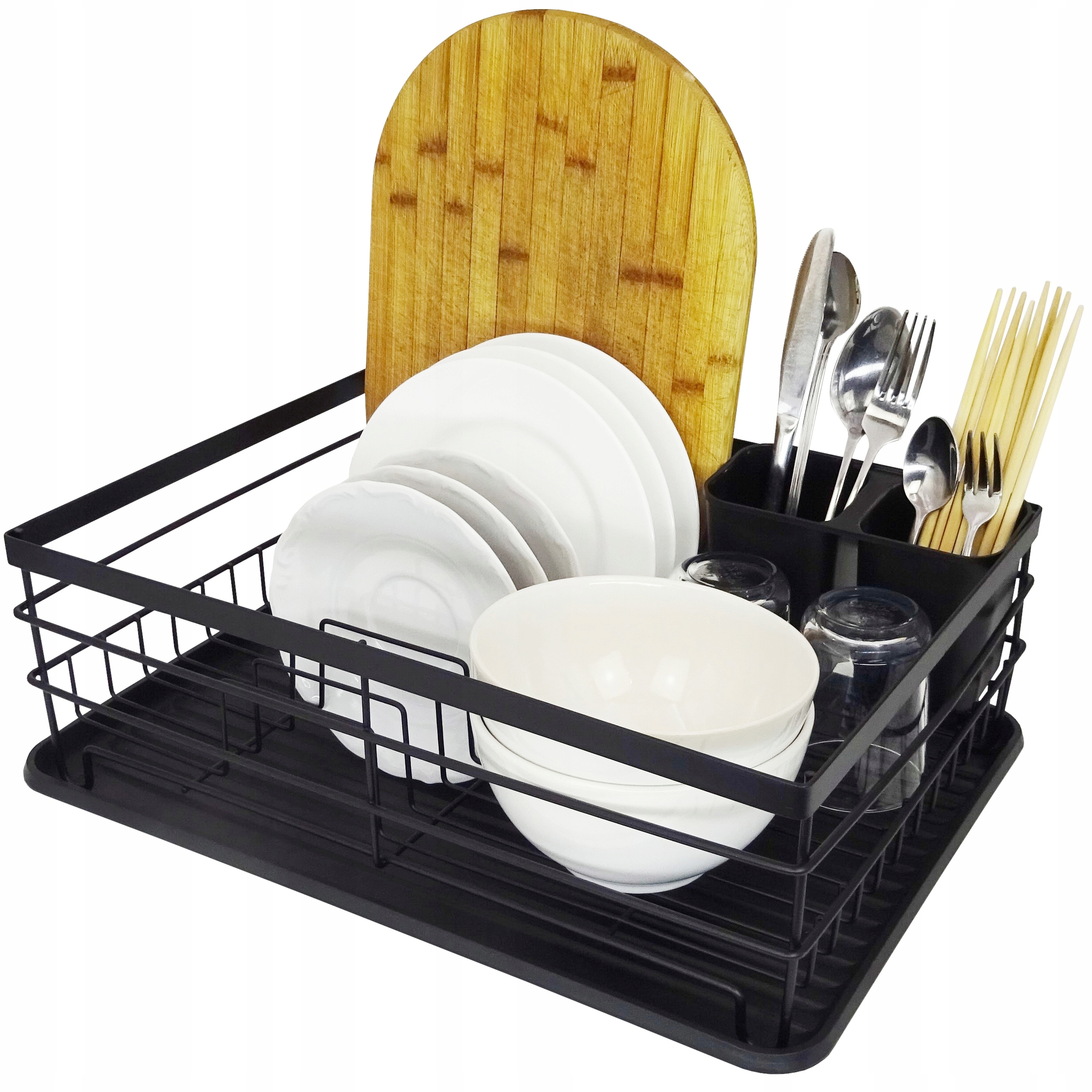 DUŻA SUSZARKA DO NACZYŃ Z OCIEKACZEM NA TALERZE SZTUĆCE I KUBKI