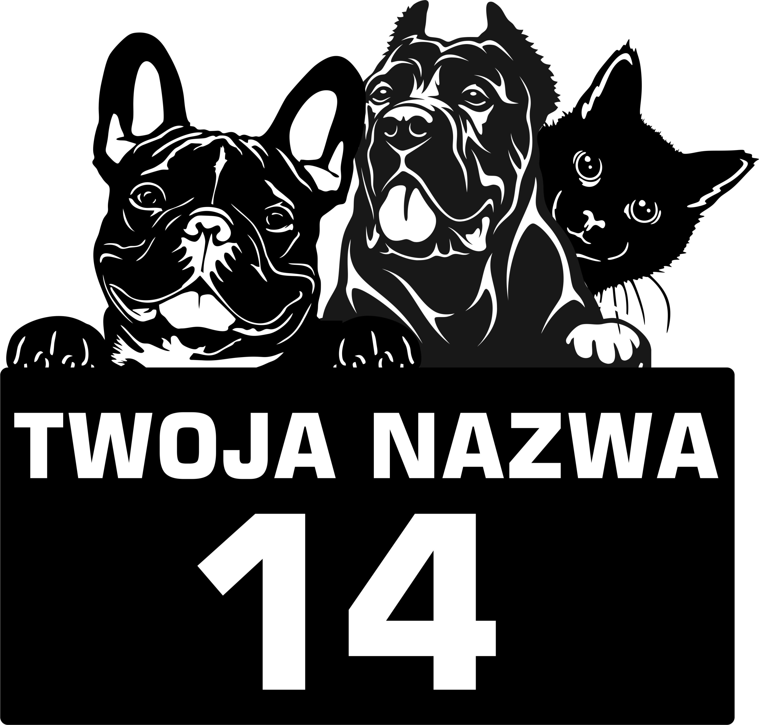 Adresa domu so zvieratami. Veľká čitateľná číslica pre dom. Adresárka Pes, Mačka