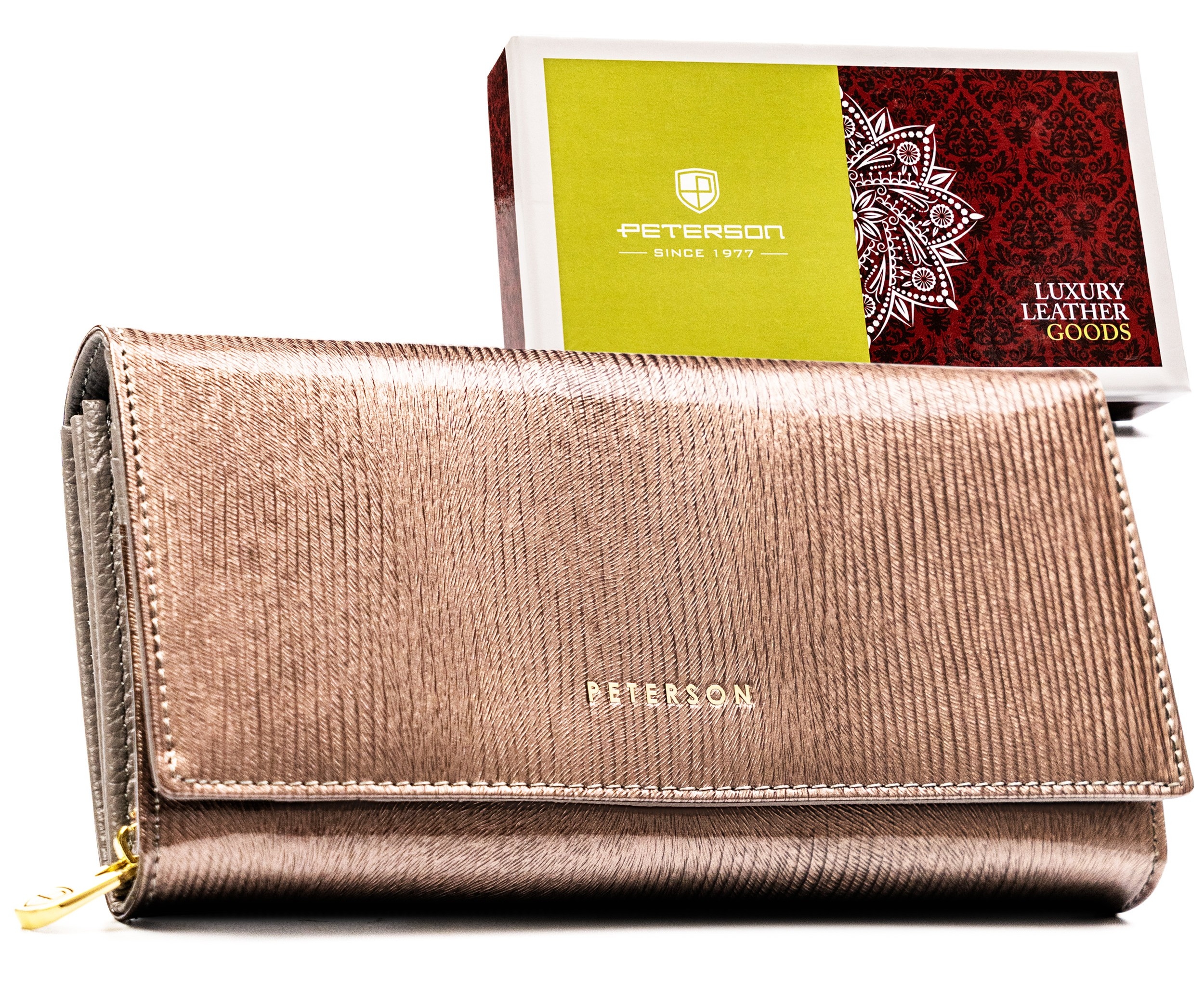 Duży portfel damski skórzany lakier Rfid skóra naturalna Peterson