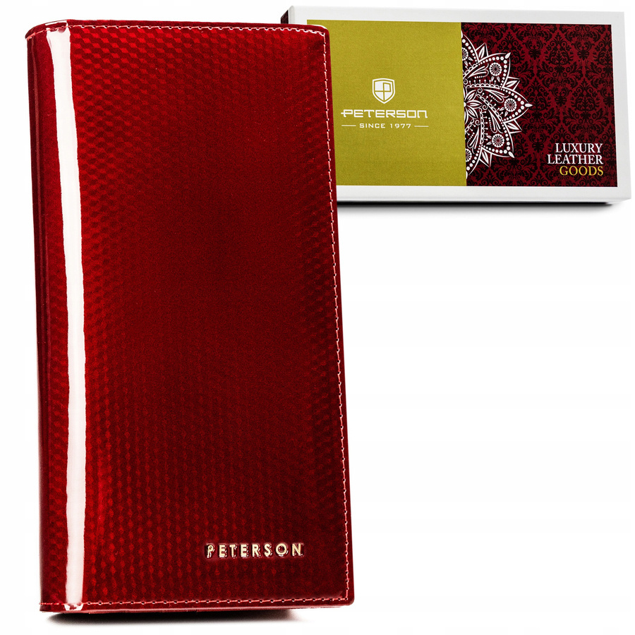 Portfel damski skórzany Peterson czerwony Rfid lakier w pudełku