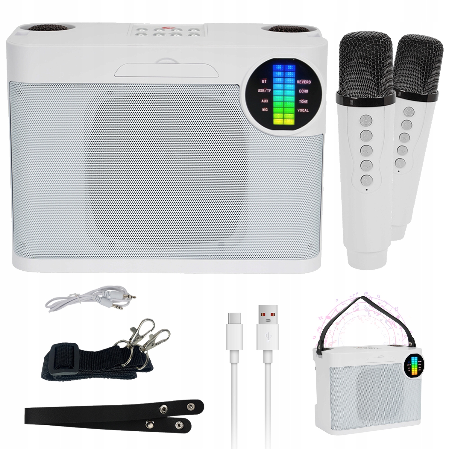 Přenosný Karaoke Reproduktor S Ručním Držákem A Mikrofony Pro Cestování A Kempování