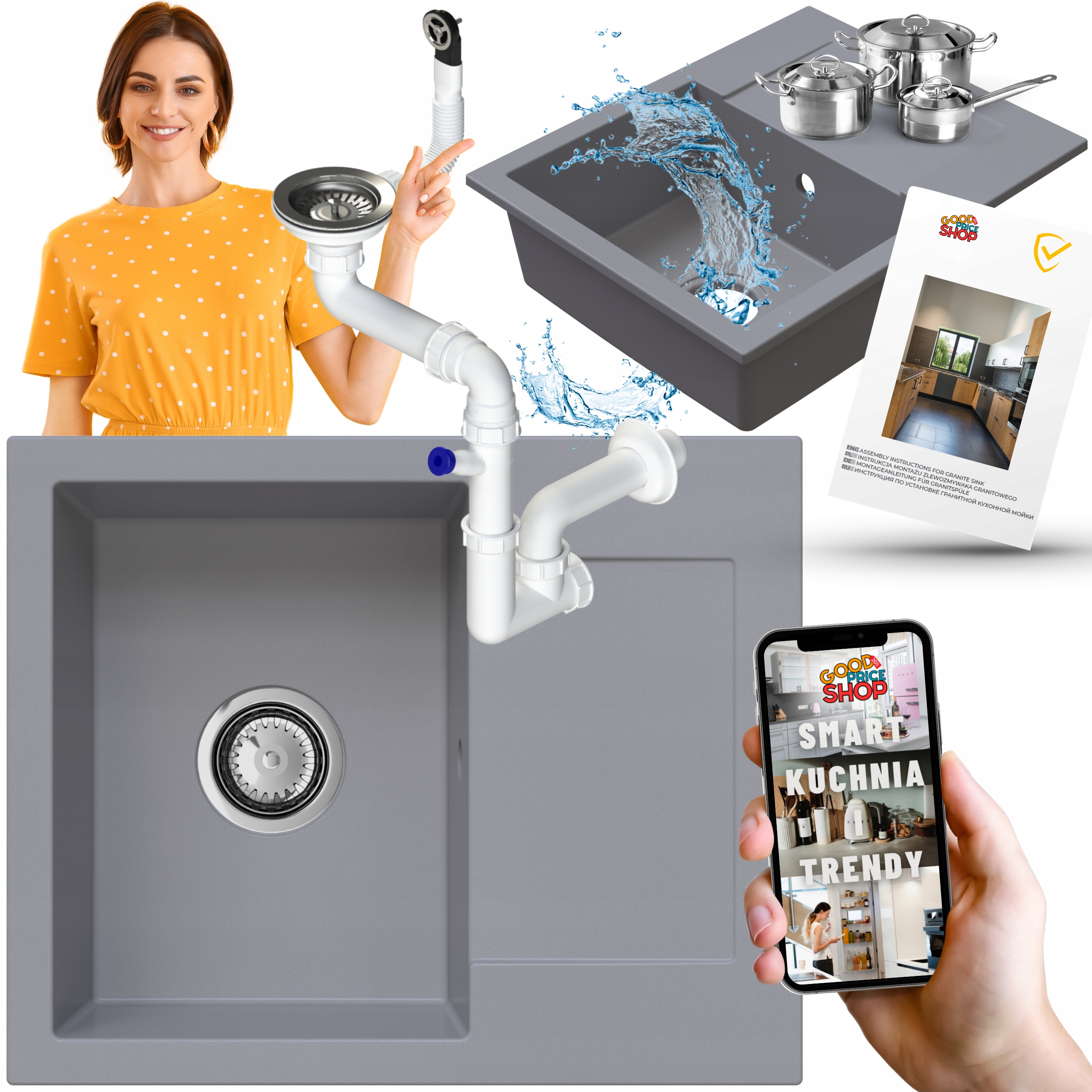 Granitový Dřez Jednokomorový S Odkapávačem Šedý Sifon Chrom 6v1