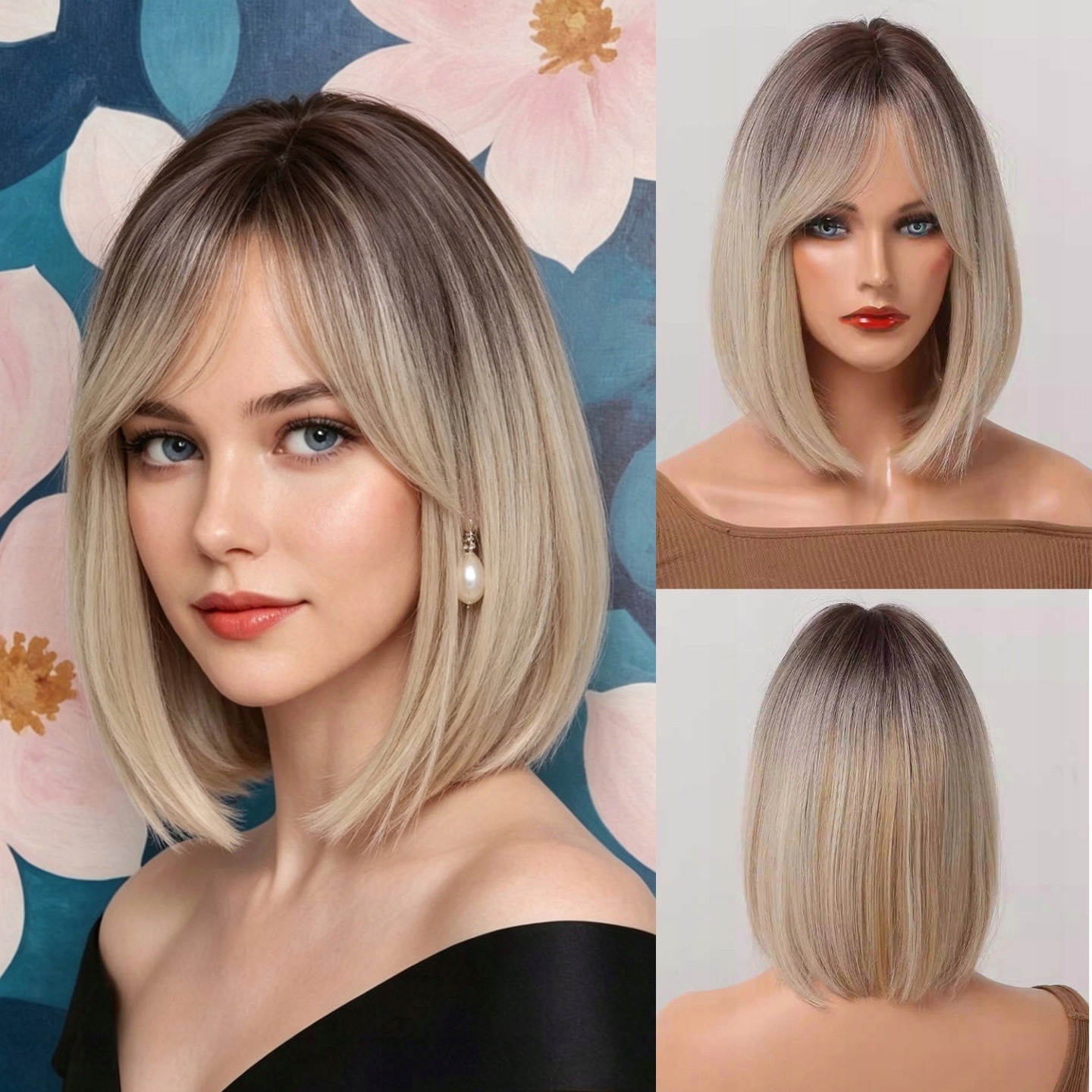 Dámská paruka Ombre Blond Bob Dámské paruky Krátké vlasy 35 cm s ofinou