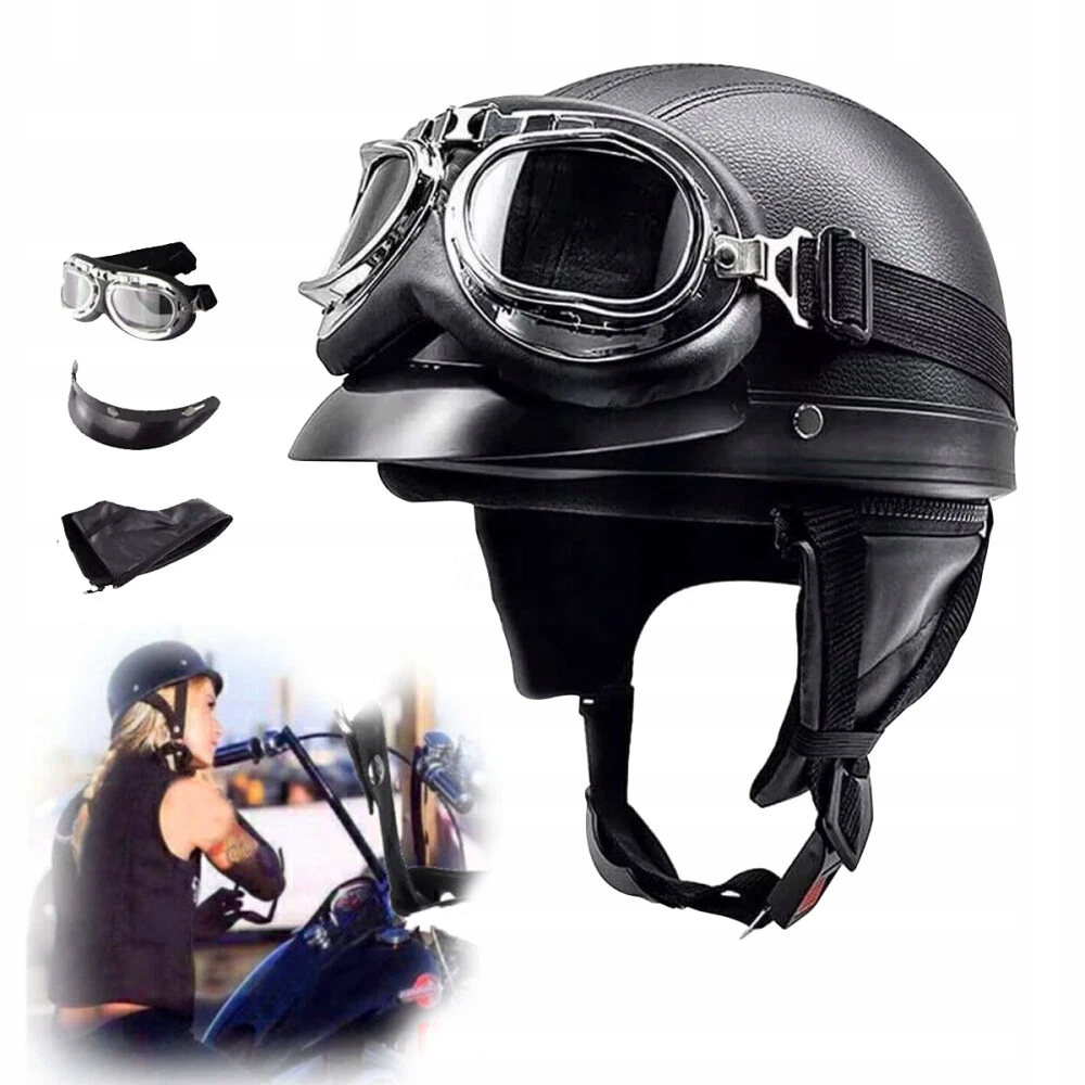Kask Motocyklowy Retro Z Goglami, Kask Na Skuter, Stylowy, Czarny